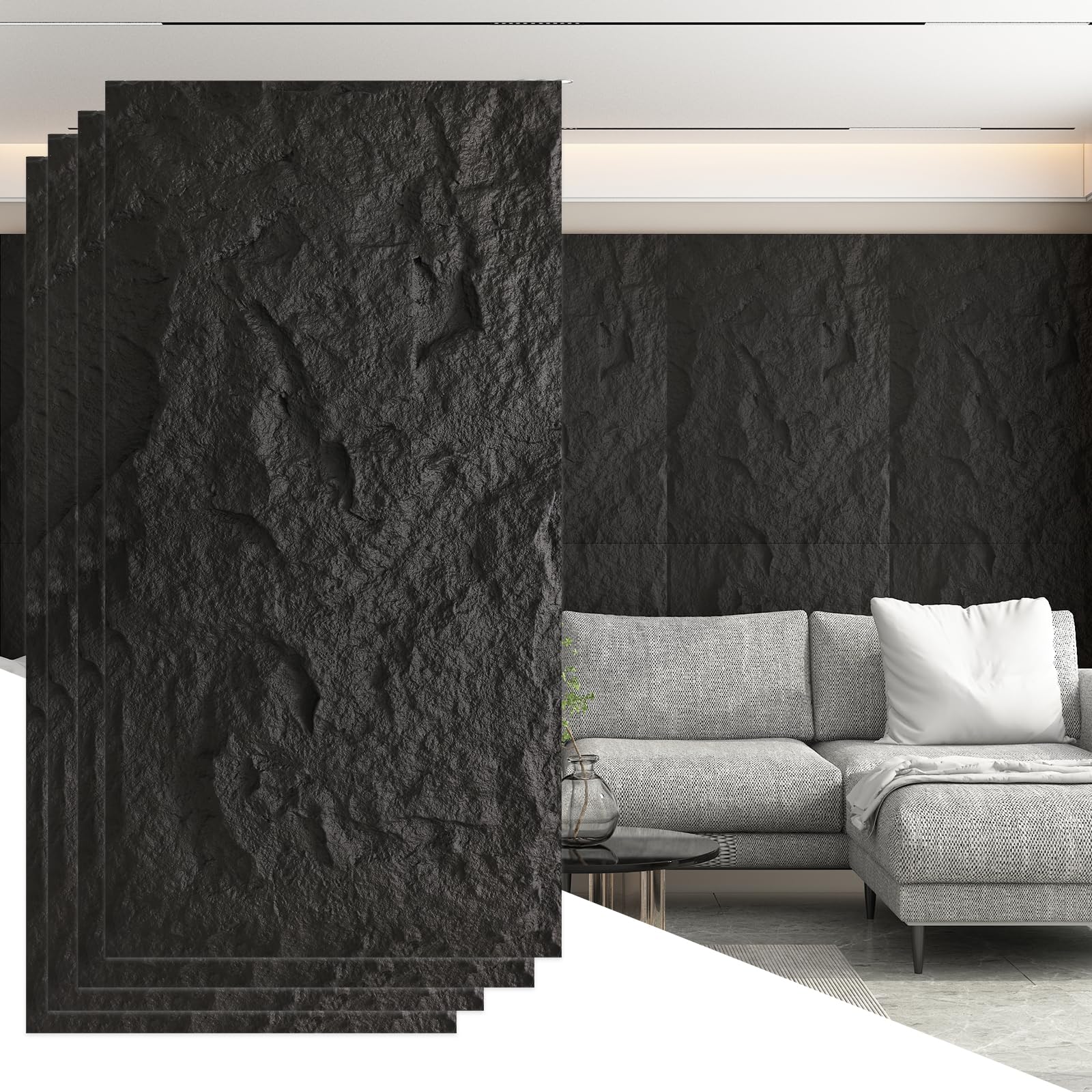 Photo 1 of OUZUGIE 4 PCS Faux Stone Wall Panel 47.2’’ x 23.6’’ Interior Exterior Wall Decor 3D PU Panel with Lava Stone Design Black