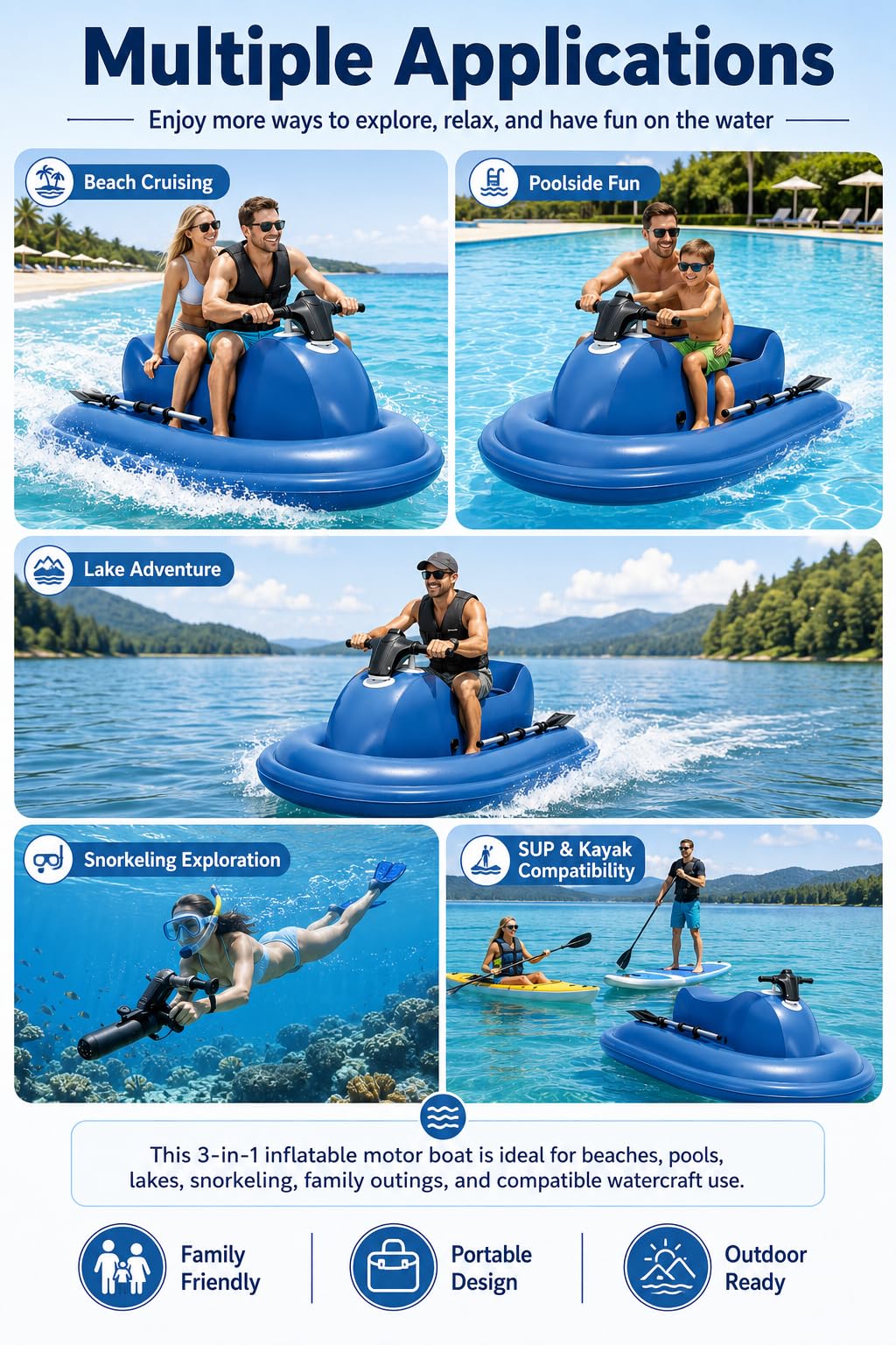 Elektrisches Schlauchboot mit Unterwasser Scooter für 1-2 Personen 500W10A | 3-9 Km/H Geschwindigkeit, Aufgeblasen 217 X 116 Cm, Sitz 100 Cm, Sitzhöhe 25 Cm, Traglast 150-220 Kg, Faltbar Mit Pumpe