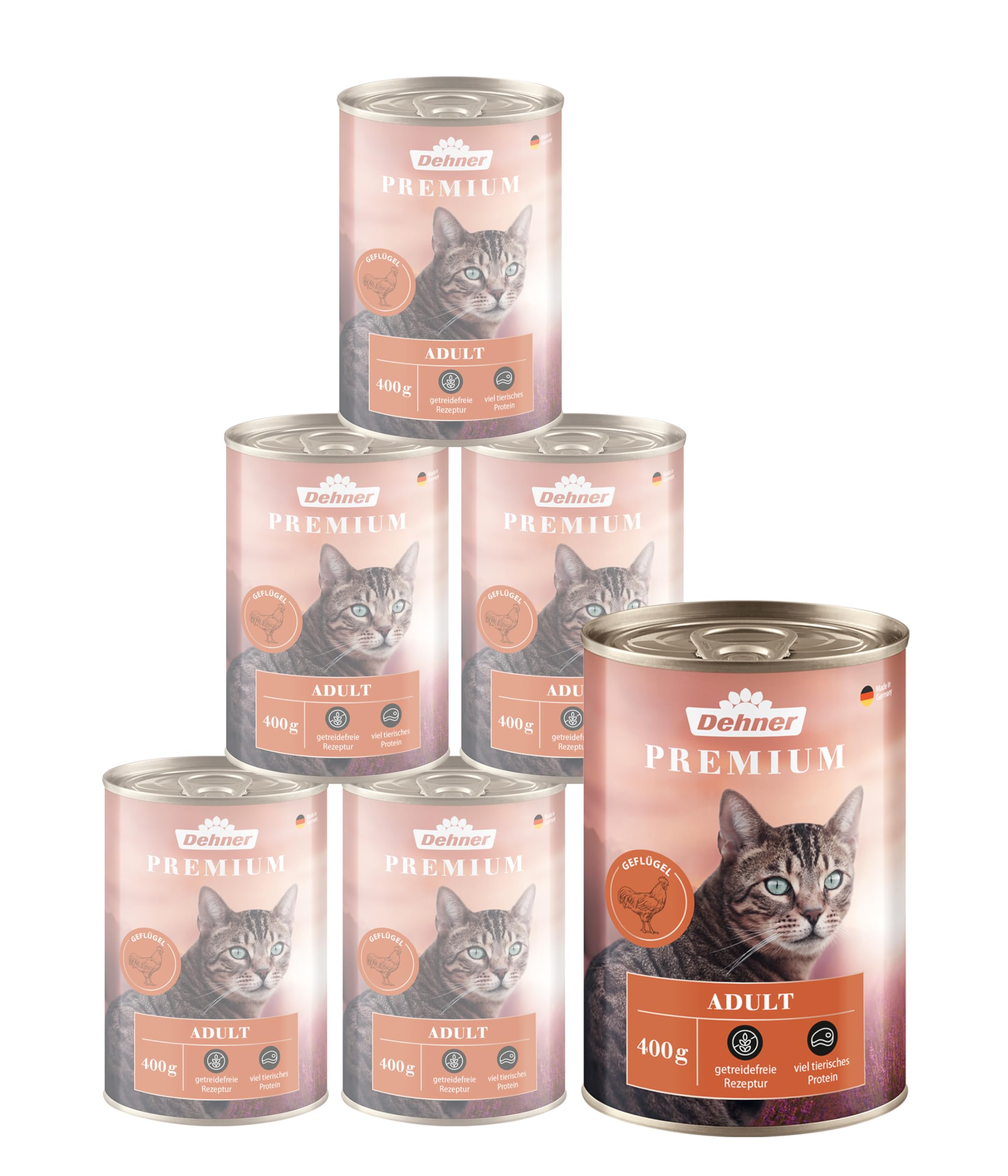 Dehner Premium Katzenfutter, Nassfutter gereidefrei, für ausgewachsene Katzen, Geflügel, 6 x 400 g Dose (2.4 kg)