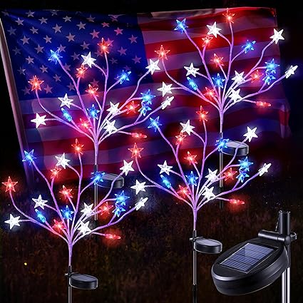 Enhon 4 Pack Solar Patriotic Garden Lawn Tree Light with White Red Blue Star Stake Lights for 4th of July Outdoor Decor, 8 Mode 20 LED Pathway Landscape Light for Independence Day Memorial Day