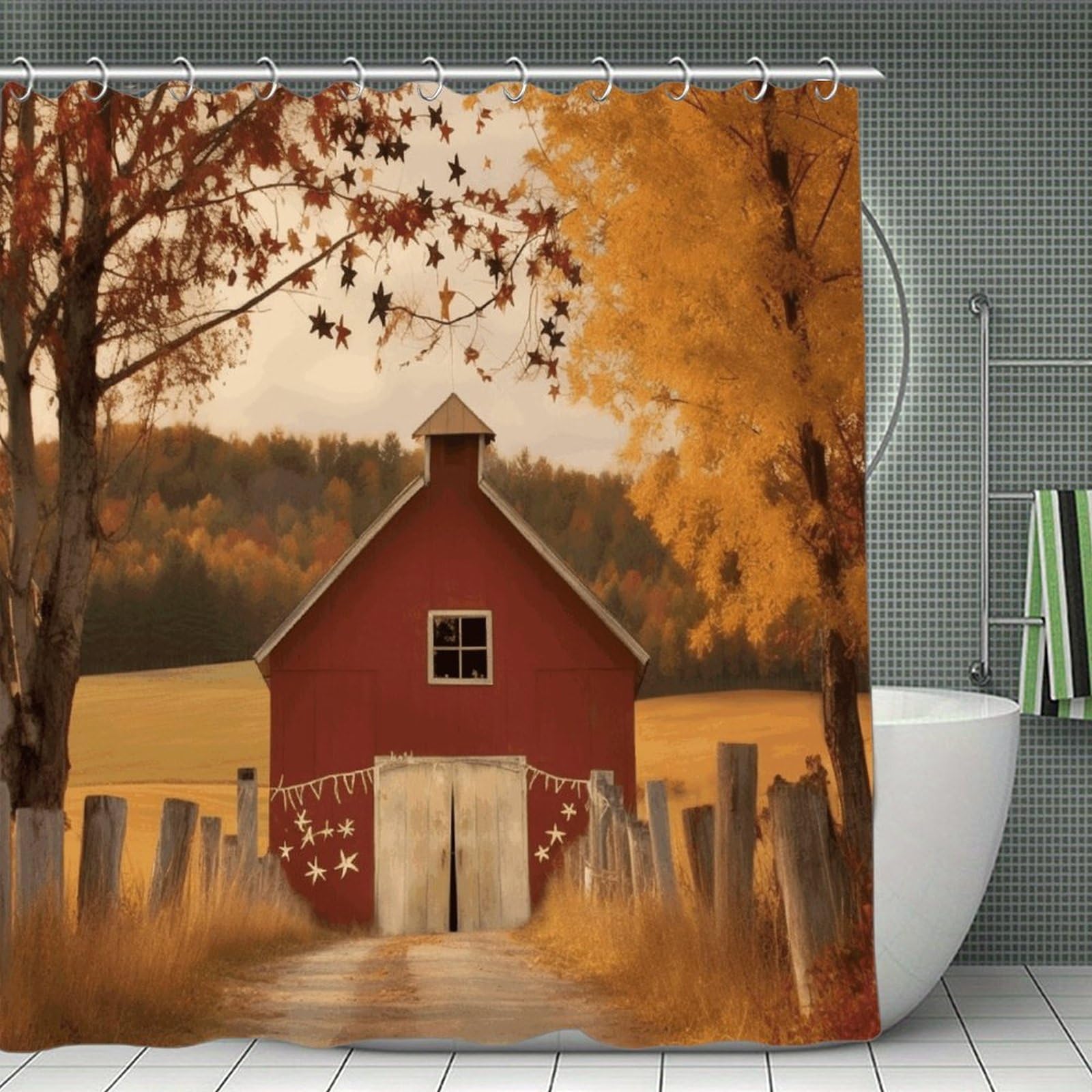 FekiLoot Fall Country Barn Shower Curtain Minimalist Aesthetic Bath Curtain with Hooks Simple Water Resistant Bathroom Shower Curtains Cute Blackout Privacy Curtains Cloth Curtain