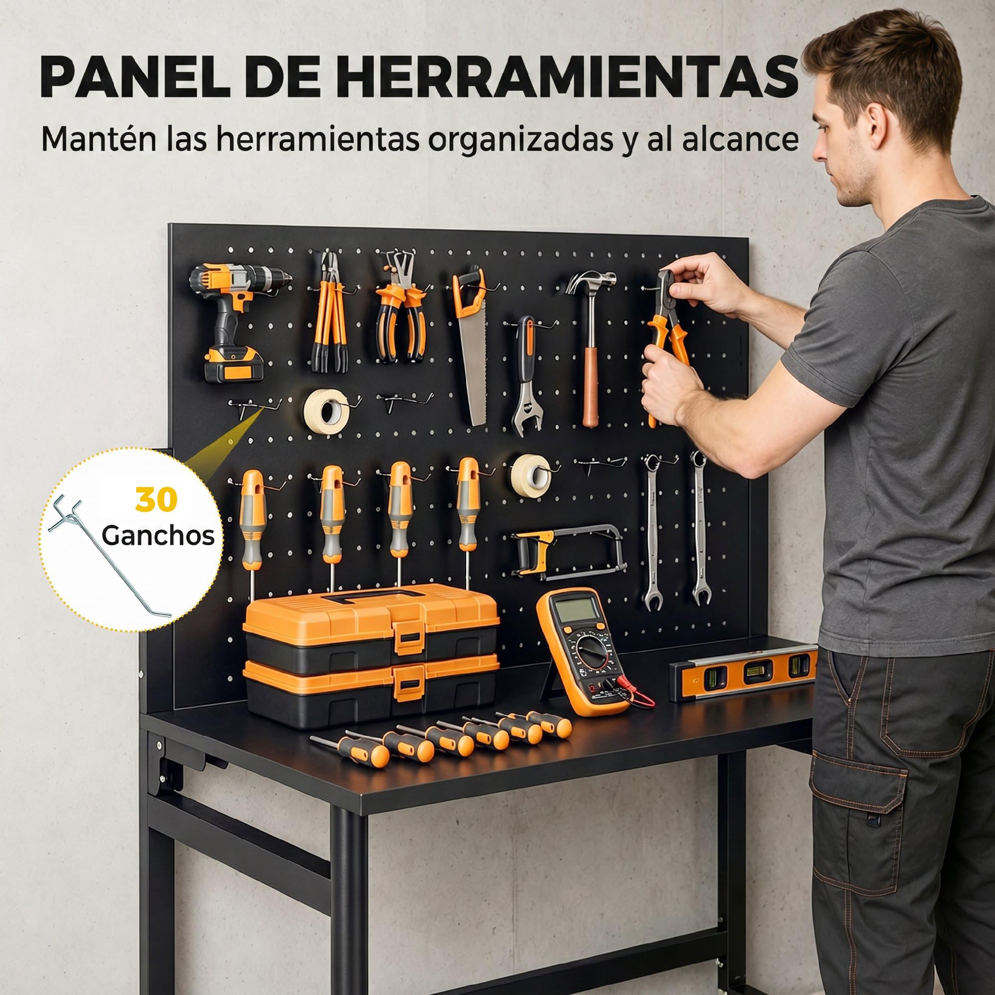 HOMCOM Banco de Trabajo Plegable con Tablero Perforado 115x62x143,5cm Negro | Ruedas, Mesa de Trabajo con Ganchos, Marco de Acero, para Garaje o Taller