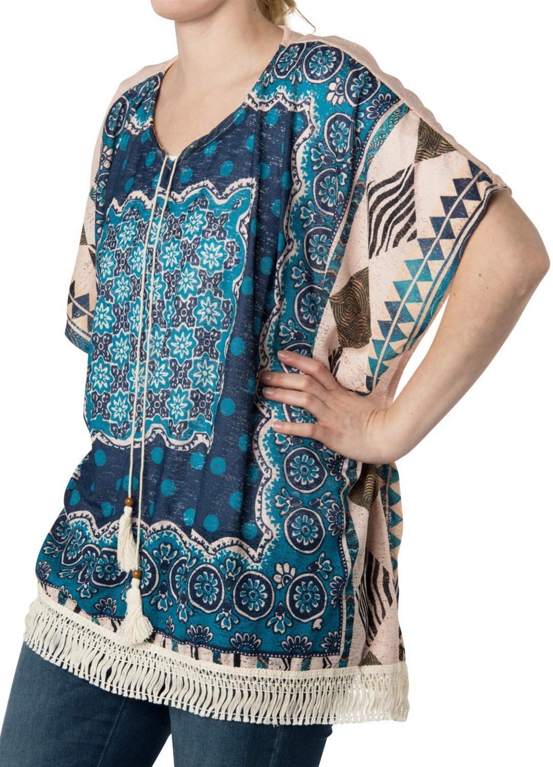 styleBREAKER poncho con motivo etnico a fiori in fantasia leggera, frange, estate, look oversize, stile boho, da donna 08010025