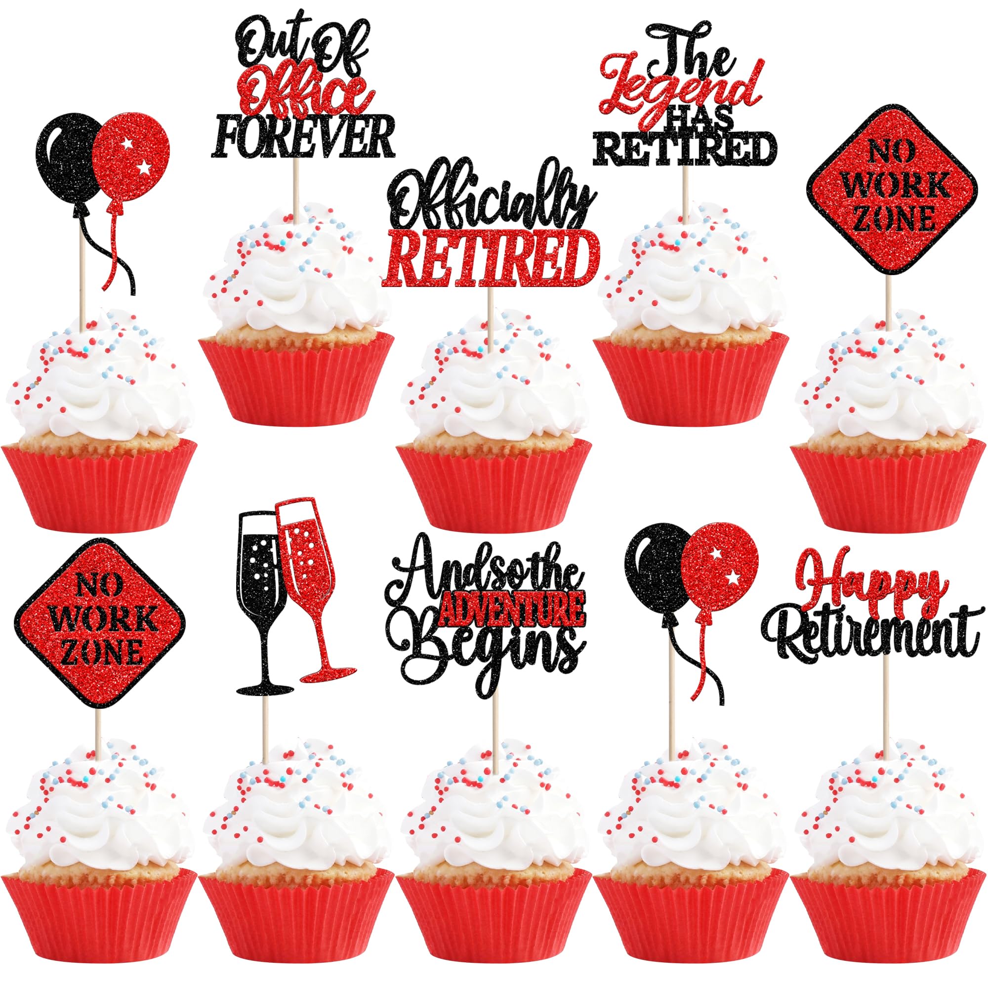 24 Pack Happy Retirement Cupcake Toppers Out Of Office Forever No Work Zone Cupcake Picks The Lagend Has Retired Cupcake Decorations for Officially Retired Party Cake Decorations Black Red