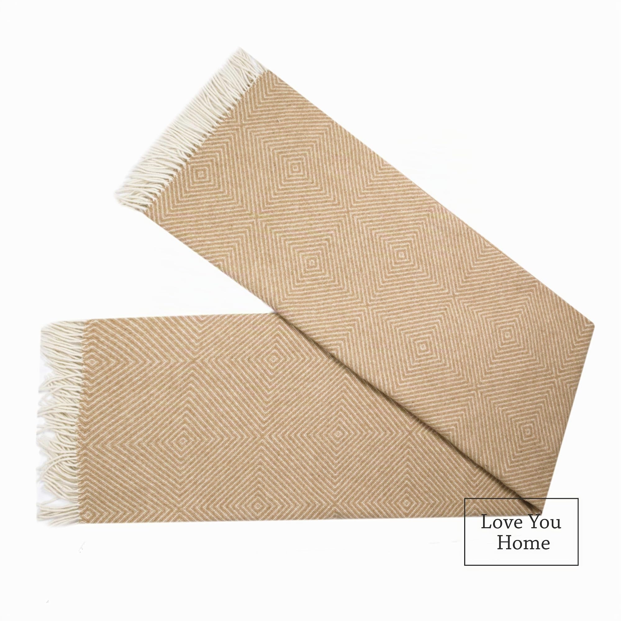 LYHome Plaid in Lana Merino, Coperta Calda per Divano e Letto, 140x200 cm | Copriletto Morbido 80% Lana, 20% Nylon, OEKO-TEX. Leggera 4 Stagioni - Plaid da Divano, Campeggio, Auto | Beige, Bianco Rombi
