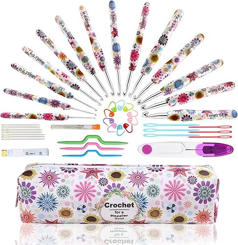 LOOEN Juego de ganchos de ganchillo, 14 tamaños de 0.089 in (B) a 0.394 in (N) mango ergonómico para manos artríticas, kit de agujas de tejer de