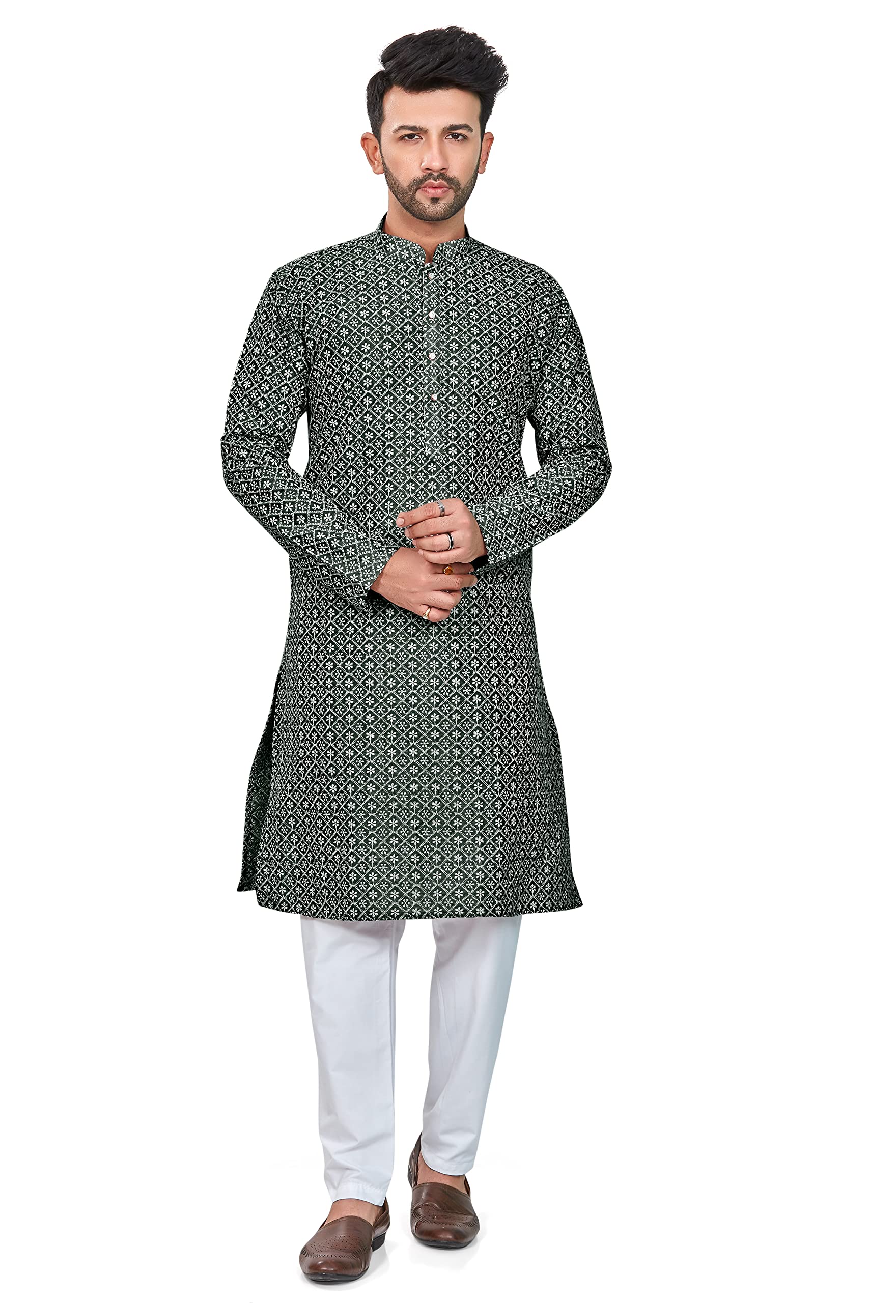 Be Active Men's Embroidered Lucknowi Green Kurta Set || Men Kurta Pajama || Men Kurta Pajama Set || Kurta Pajama For Men (Rfsk0013 14 Set L)