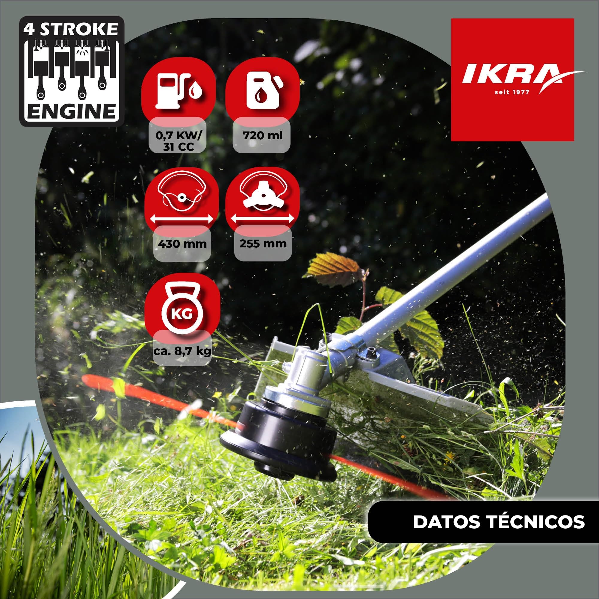 IKRA desbrozadora a gasolina IBF 31-4, con bobina de hilo & cuchilla | 31 cm³, 0,7 kW, sistema antienredos, potente motor de gasolina de 4 tiempos, sistema de arranque fácil