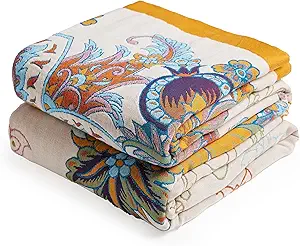 Boho Throw Blanket, 100% Organic Cotton Breathable Skin-Friendly Ultra Soft Bed Quilt Throw - All Season Floral Bird Farmhouse Décor Luxury Blanket for Sofa Couch Chair and Gift. 80" x 90"