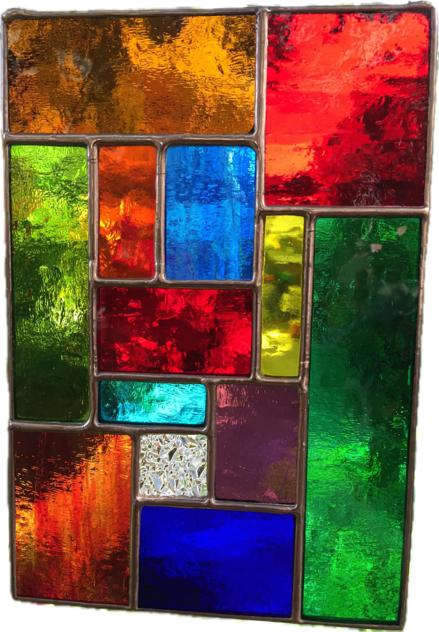 Pannello acchiappasole in vetro colorato, arte astratta in rame multicolore