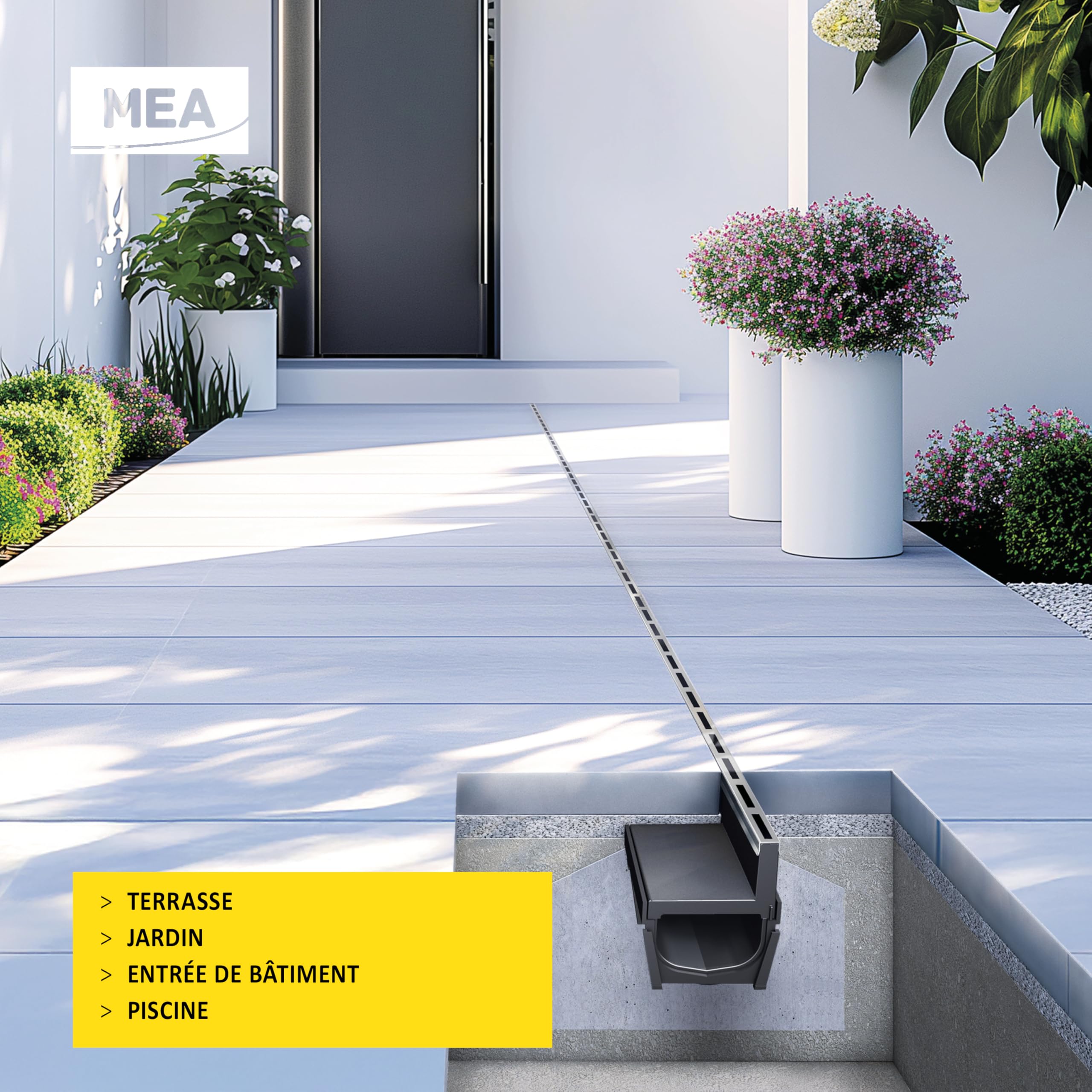 MEA Pack de 6 Caniveaux Extérieurs MEAPARK – Grille à Fente en PP Recyclé + Profil E-Blade S en INOX – Drainage Terrasse, Piscine, Jardin – Classe A15 Piéton – Largeur utile 10 cm