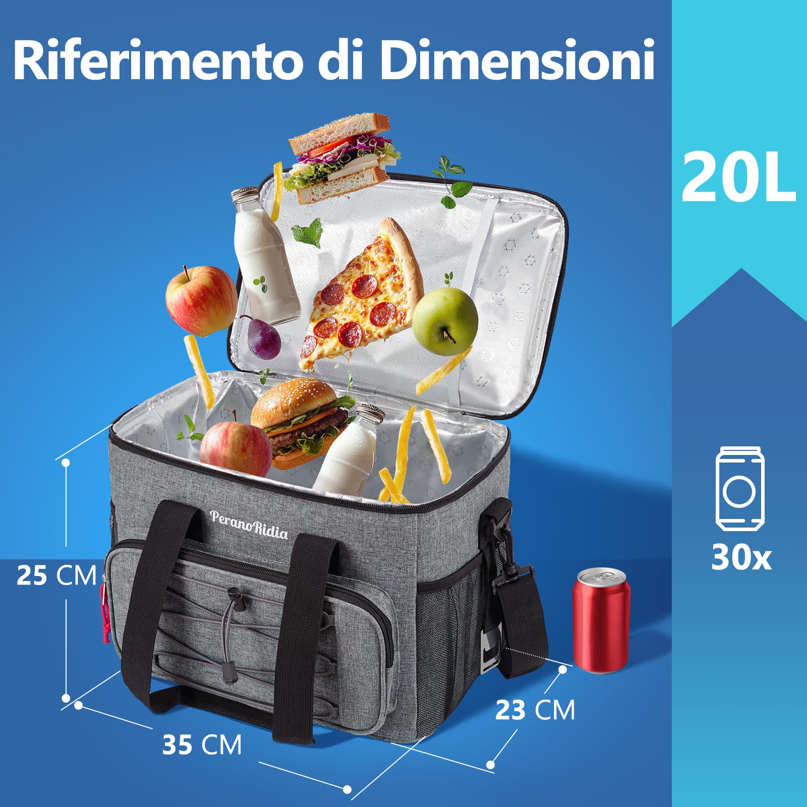 Borsa Termica 10/20/30 Litri, Borsa Frigo per Alimenti Mantenere Caldo o Freddo, Borse Termiche Mare Porta Pranzo Portatile per campeggio Spiaggia Grigliate Picnic Escursionismo Grigio