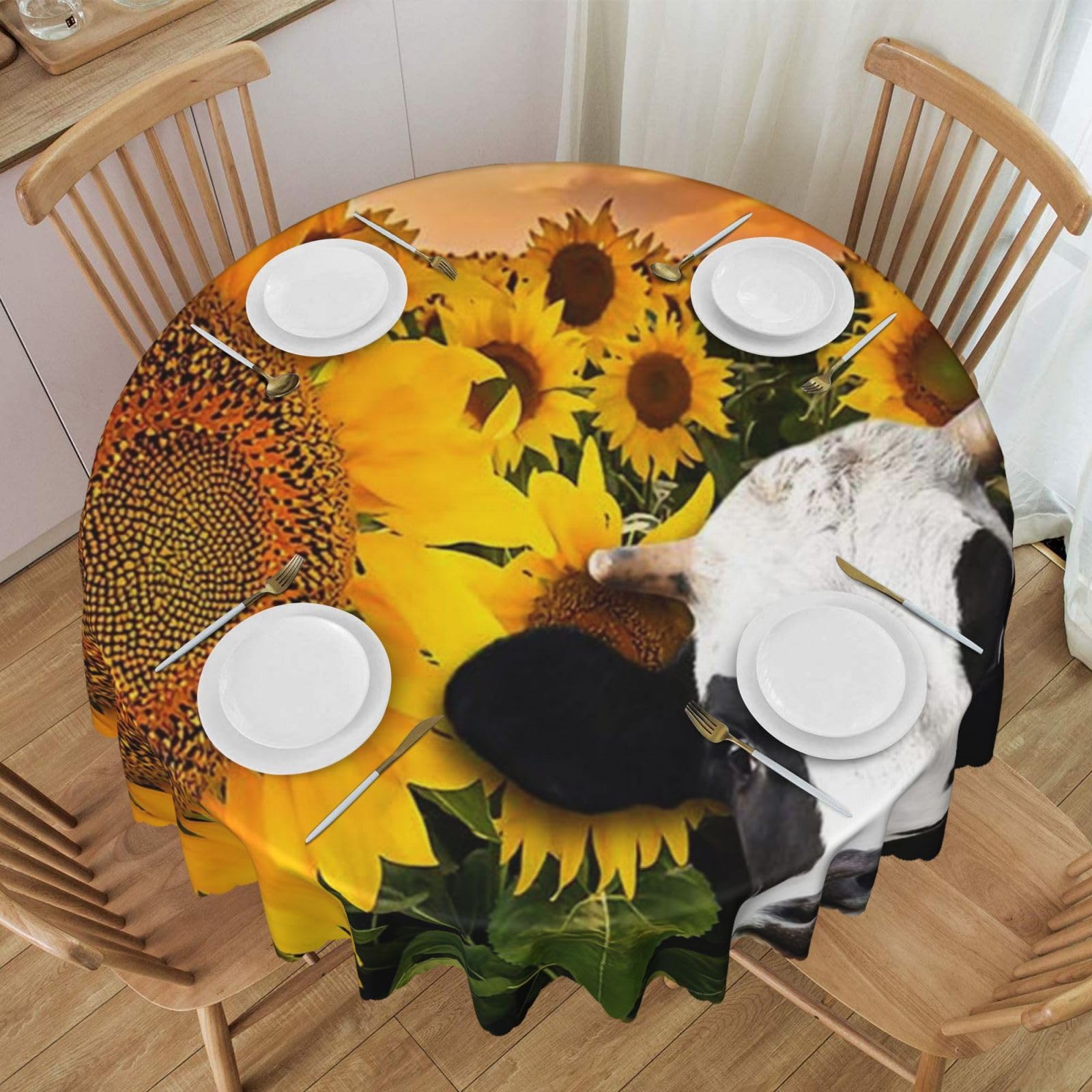 DCEHGEW 60 In Round Tablecloth with Lace, Sunflower and Cow Printed Oilproof & Washable Fabric Picnic Table Cloth Table Covers