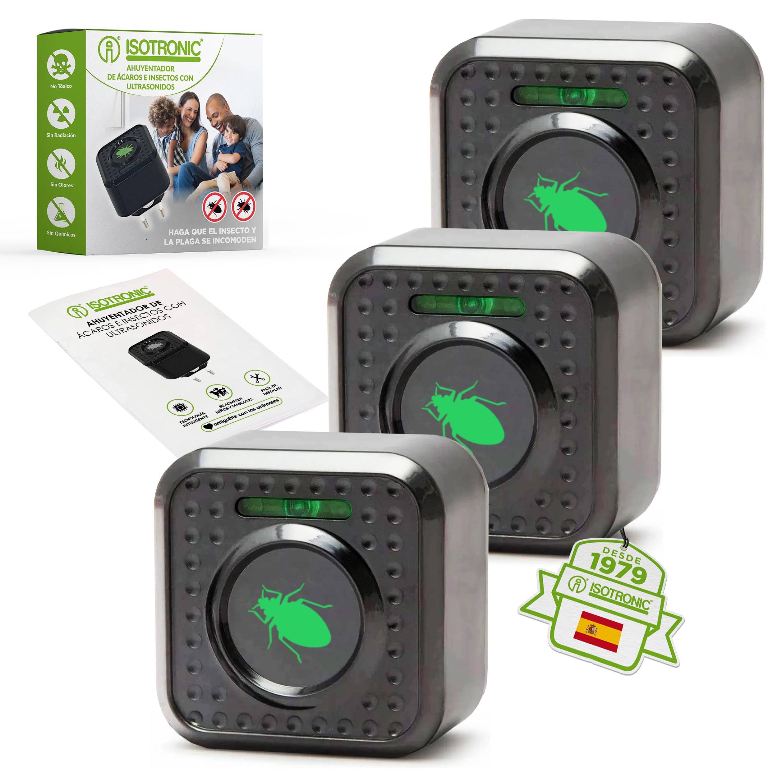 ISOTRONIC Repelente ultrasónico para ácaros y chinches: Dispositivo eléctrico enchufable con un Alcance Efectivo de 30 m². Dispositivo eléctrico enchufable sin Productos químicos (3 Unidades).