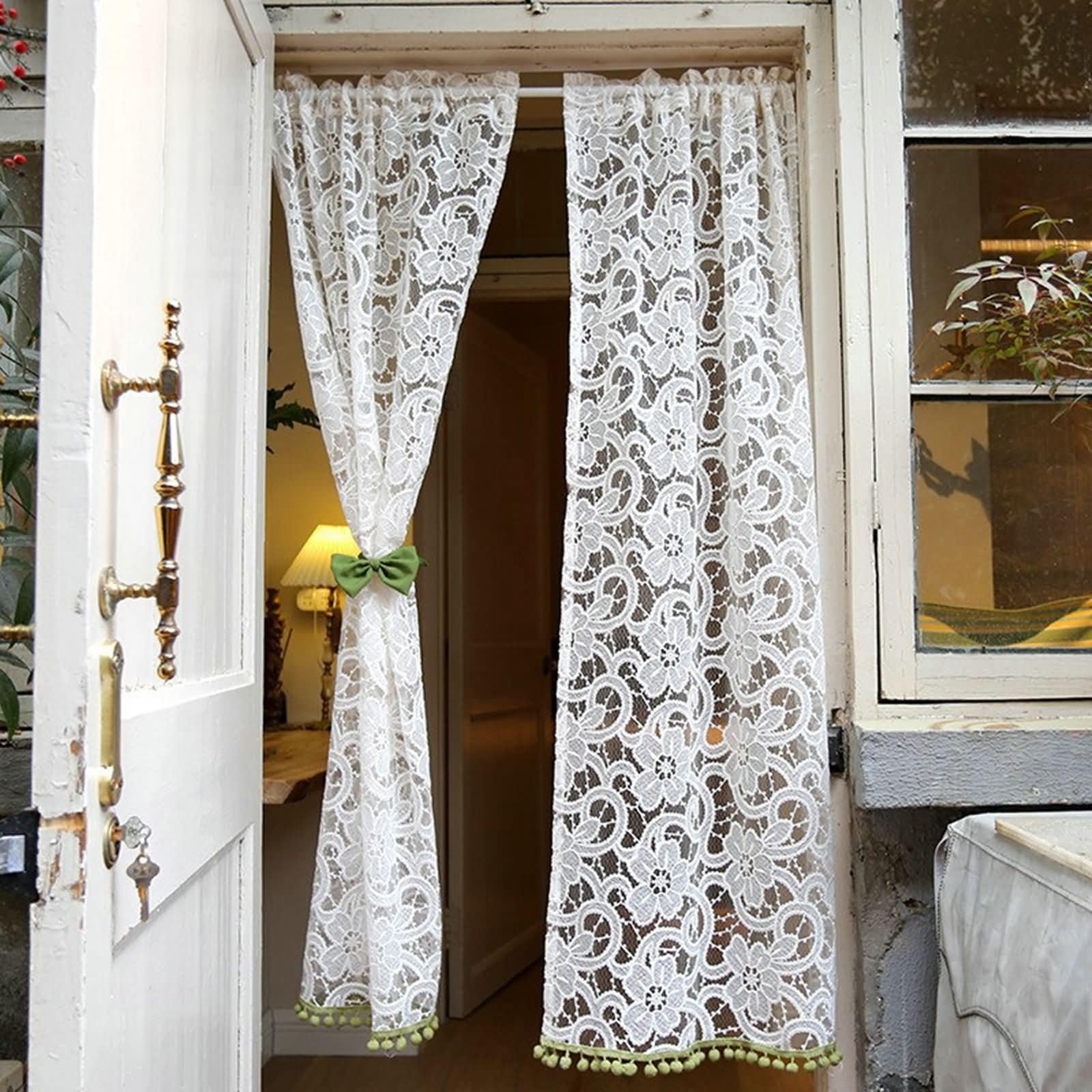 Zazdrostki, zestaw 2-częściowy, do kuchni, 2 x 60 x 120 cm (wys. x szer.), zazdrostki krótkie, beżowe, haftowane koronkowe wzory kwiatowe z frędzlami, zasłony z kieszenią na wędkę