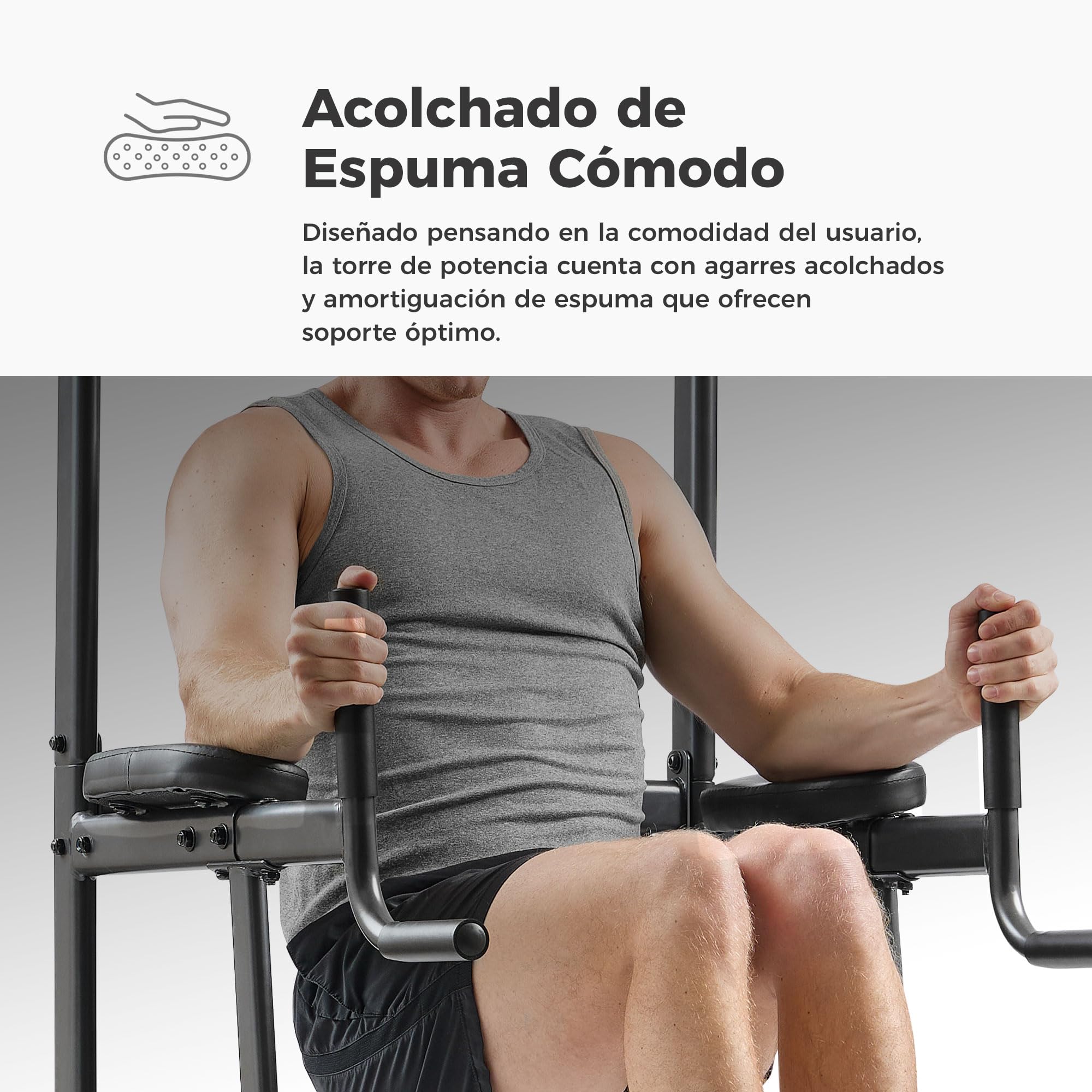 Sunny Health & Fitness Torre de Potencia, Barra para Fondos, Estación de Paralelas con Asistencia para Flexiones y Dominadas, con Agarre Opcional Tipo Escalada