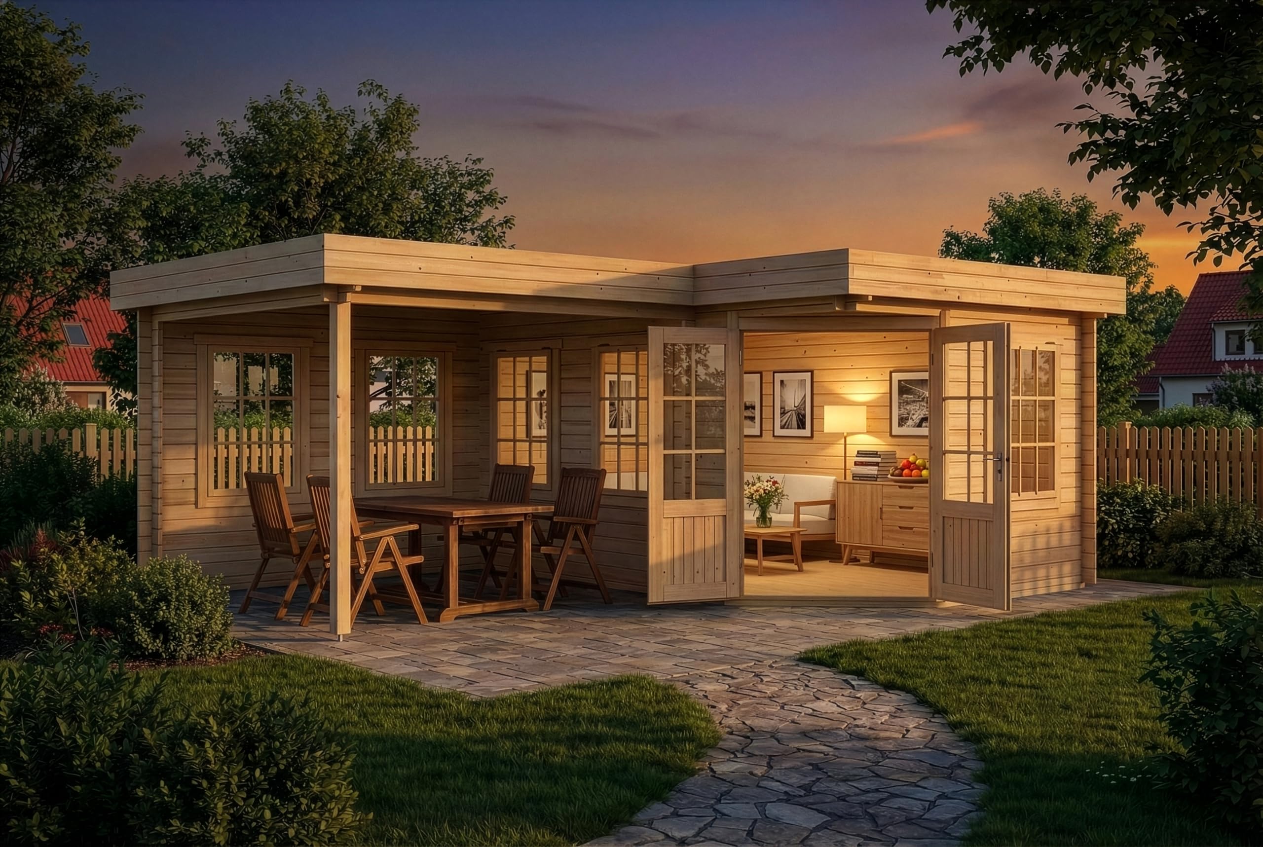 Alpholz 5-Eck Gartenhaus Pepe aus Holz 618x462cm mit 28 mm Wandstärke in Naturbelassen