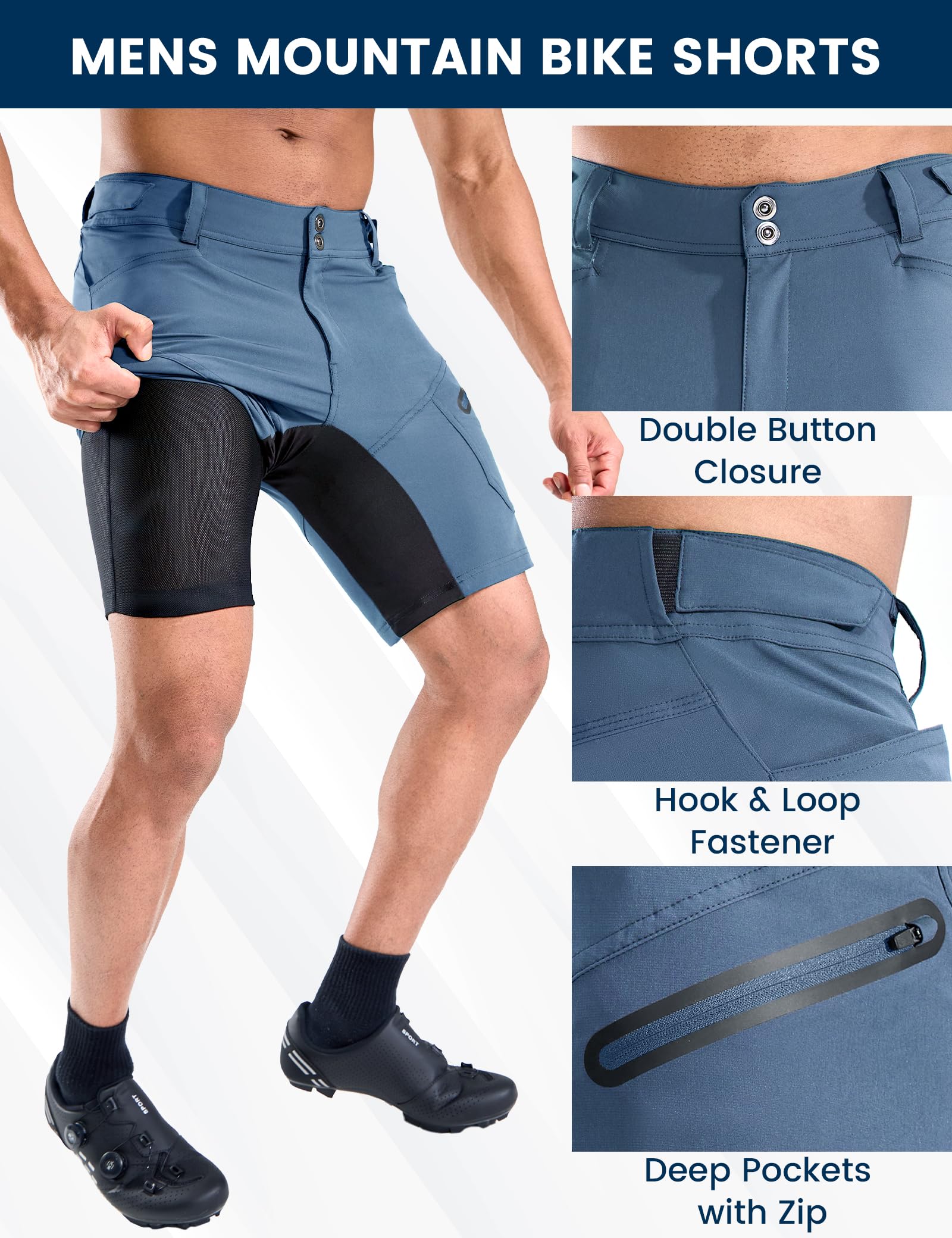 Nepest Mountainbike Hose Herren Kurz MTB Shorts Gepolstert 3D Fahrradhose Locker mit Reißverschluss Tasche Bike Shorts Atmungsaktiv