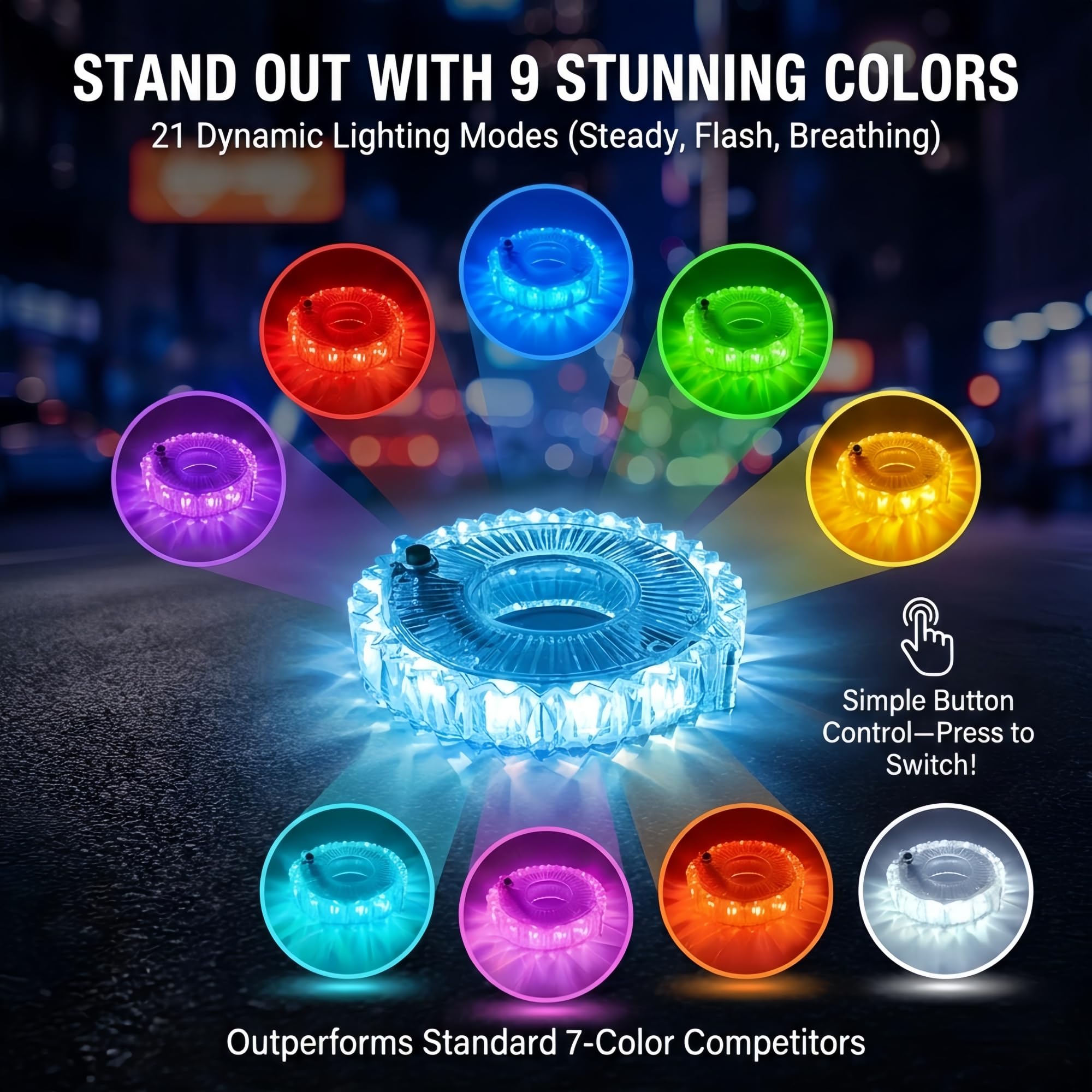HANZE Lumières rechargeables pour roue de vélo – 9 couleurs, 21 modes d'éclairage, moyeu lumineux à DEL, autonomie de 20 heures, accessoires de sécurité pour pneus de vélo, lumières de rayons cool