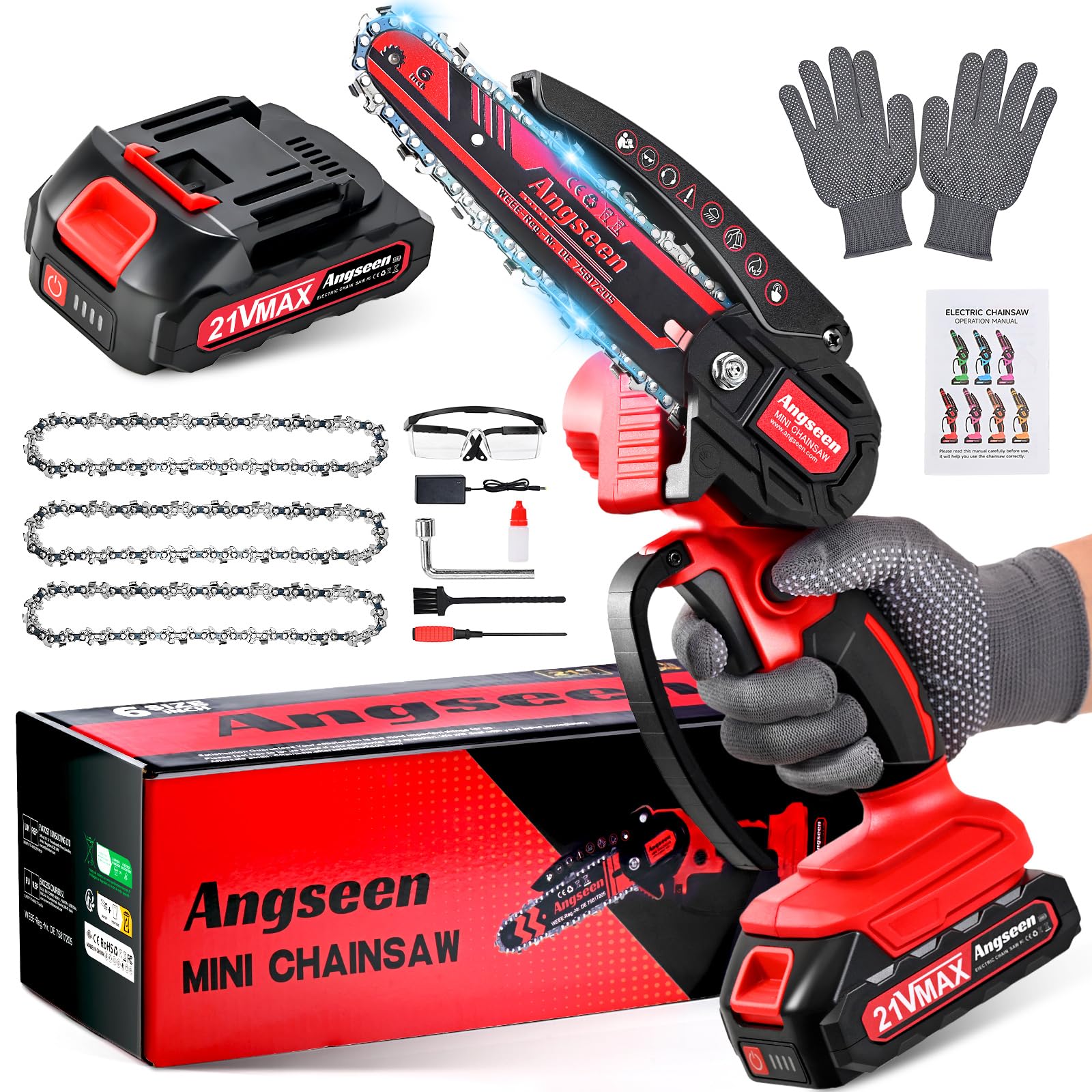 Mini Chainsaw Cordless 6 Inch, Electric Chainsaw with 2 Battery and 850W Motor, Small Battery Chainsaw with 2 Chains and Safety Lock, Light Weight Handheld Chainsaw for Wood Cutting Tree Trimming — view 7