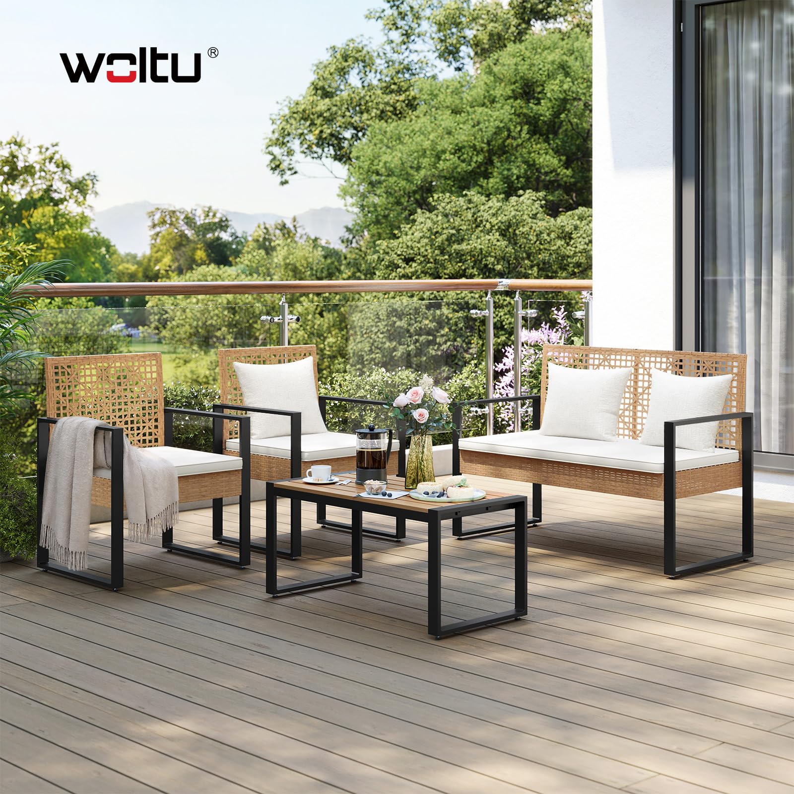 WOLTU Rattan Gartenmöbel 4-teilig mit 1 Sitzer Sofa 2 Sessel 1 Couchtisch und Kissen Lounge Möbel Outdoor Balkonmöbel Kleiner Balkon Sitzgruppe Gartencouch Terrassenmöbel Set für Garten Terrassen