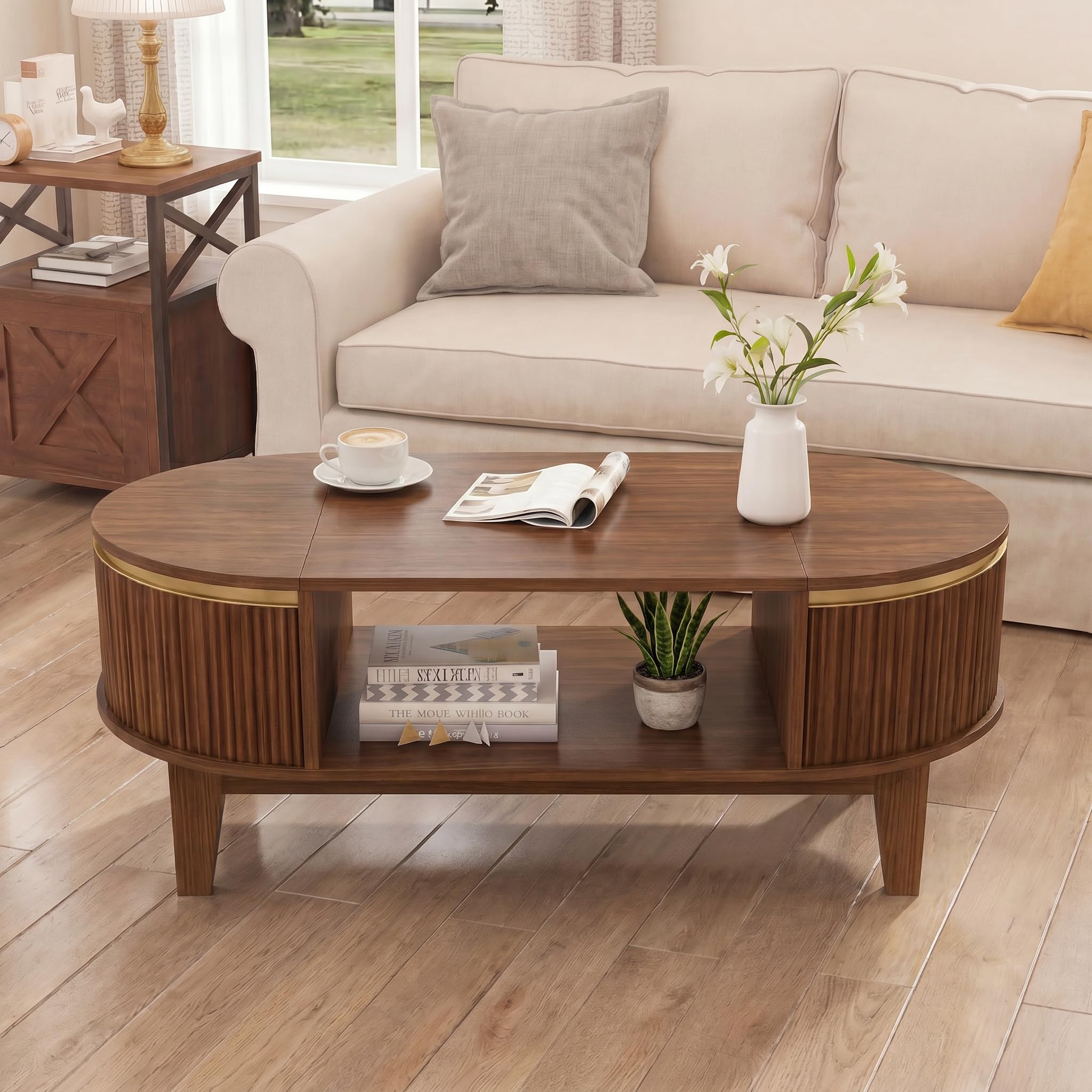 MEXUS Table Basse, Ovale Bois Table Basses, 2 Compartiment Rangement Caché Table Basses, Coffee Table Noyer, Applicable à Ranger Divers Objets, Servir D'espace Bureau Temporaire Décorer Salon