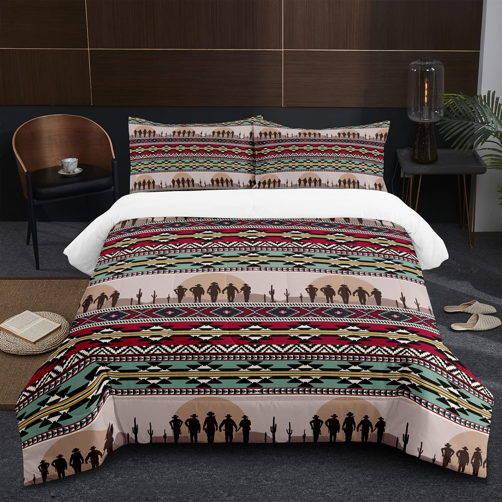 SW SETWIER Western Bedding Set Queen Size American Southwest Vintage Duvet Cowboy Comforter Set Rustic Stripe Quilt for Kids Boys Girls Teens with 2 Pillowcases for Home Decor