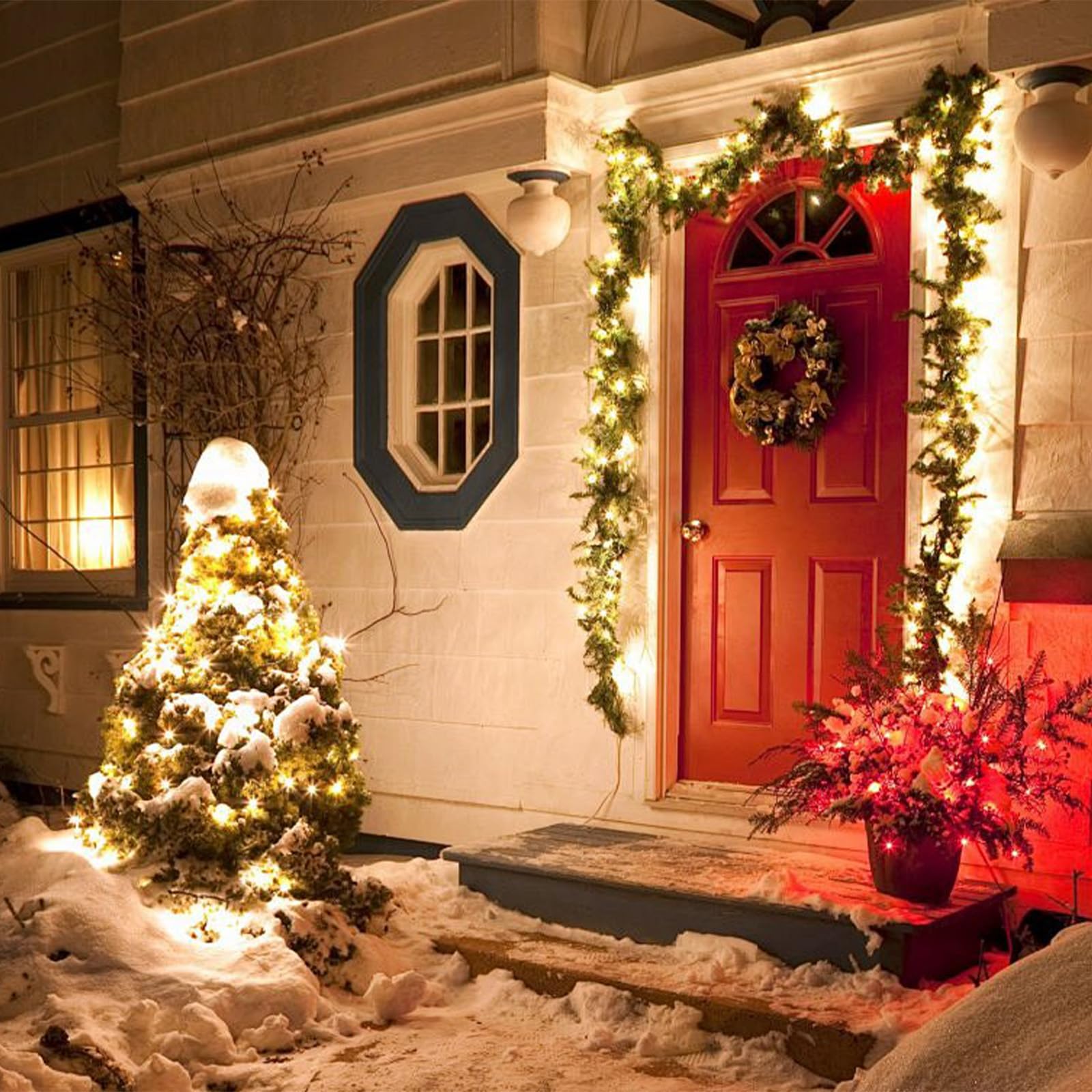 Guirnalda de abeto de 540 cm con 70 ledes de color blanco cálido, iluminada para interior y exterior, guirnalda de abeto artificial para escaleras, puertas y chimeneas