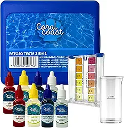 Estojo Medidor 3 em 1 PH Cloro e Alcalinidade + 4 Reagentes Extras CORAL COAST Kit Limpeza Manutenção Piscina