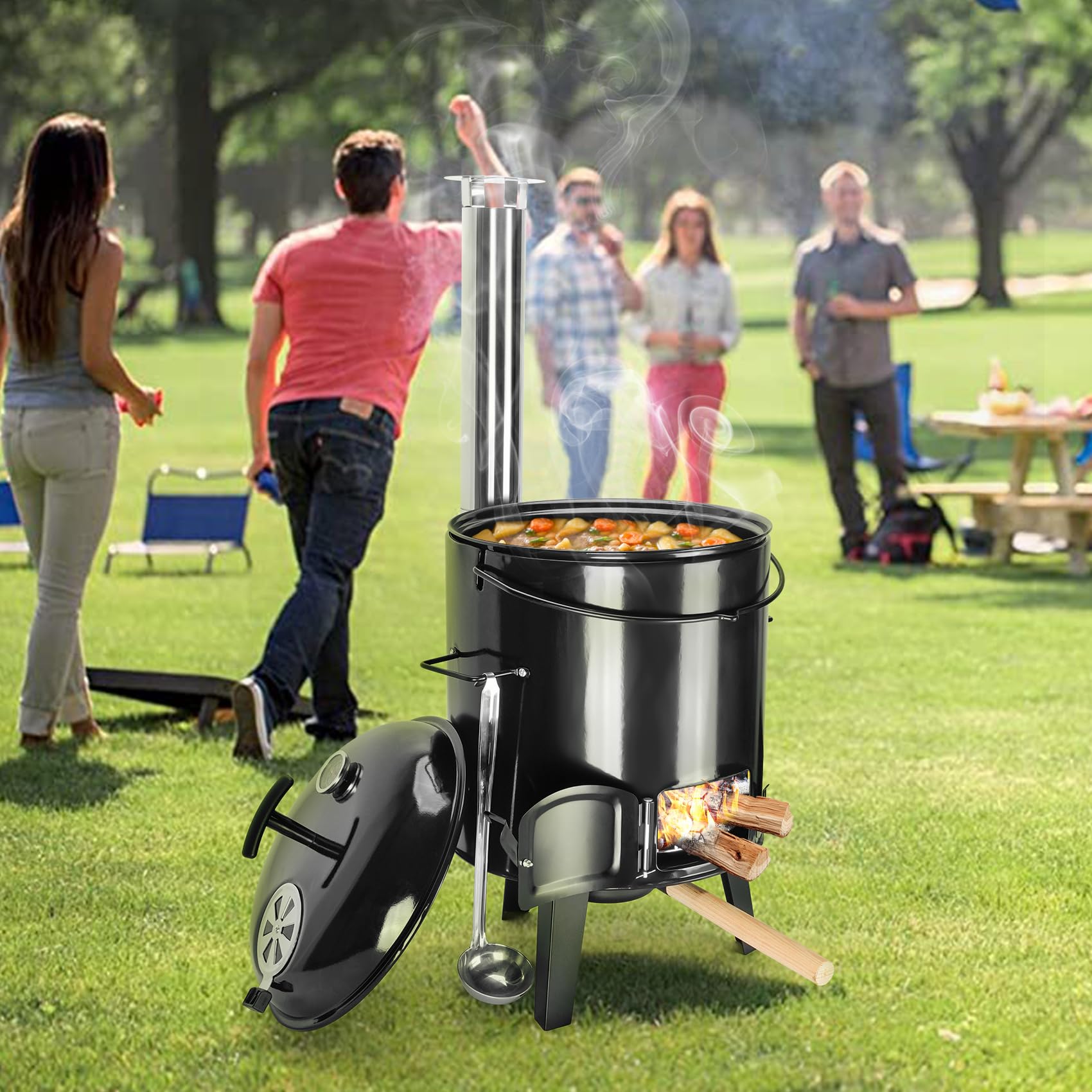 Onlyfire Emaliowany Kocioł na Gulasz, piec do Gotowania Jednogarnkowych z Funkcją Grilla, Grill Kulisty, Garnek do Pieczenia Kurczaka, Patelnia, Chochla do Zupy, 14 l, Termometry z Pokrywką