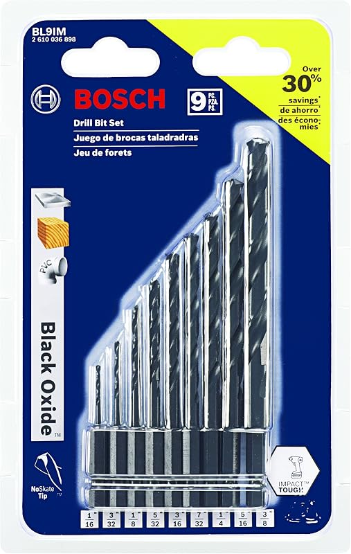 BOSCH BL9IM Juego surtido de 9 piezas de brocas para metal de óxido negro resistentes al impacto con vástago hexagonal resistente al impacto para aplicaciones en acero, cobre, aluminio, latón, roble, MDF, pino, PVC y más