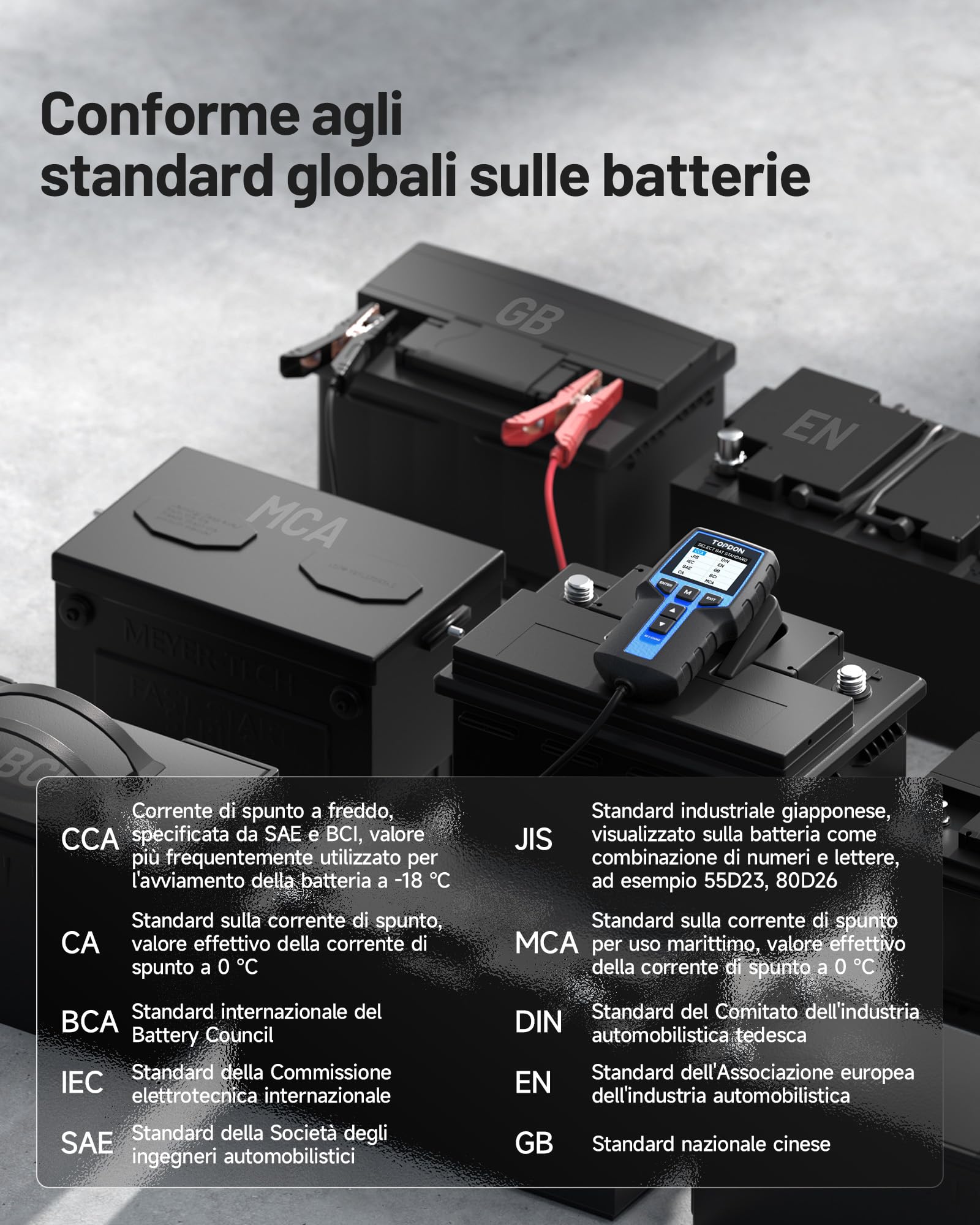 TOPDON Tester Batteria Auto BT200, 12V 24V 100-2000 CCA Tester per Batterie, con Test della Batteria, del Caricatore e dell'Accensione per Auto Moto Barche SUV e Camion, 2,4 pollici
