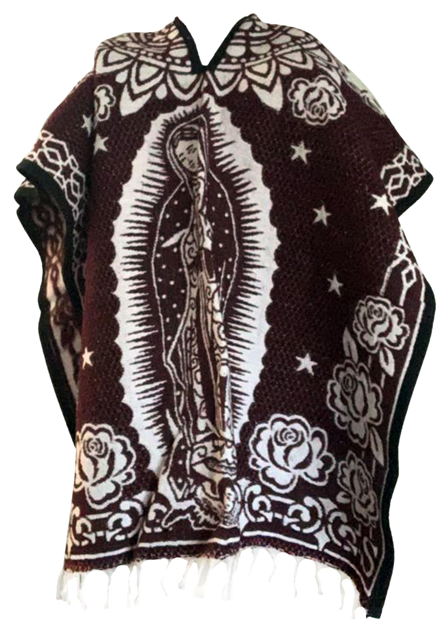 Del MexAuthentic Mexican Poncho Cobija Blanket - Virgen Guadalupe Virgin Mary (Burgandy/White)
