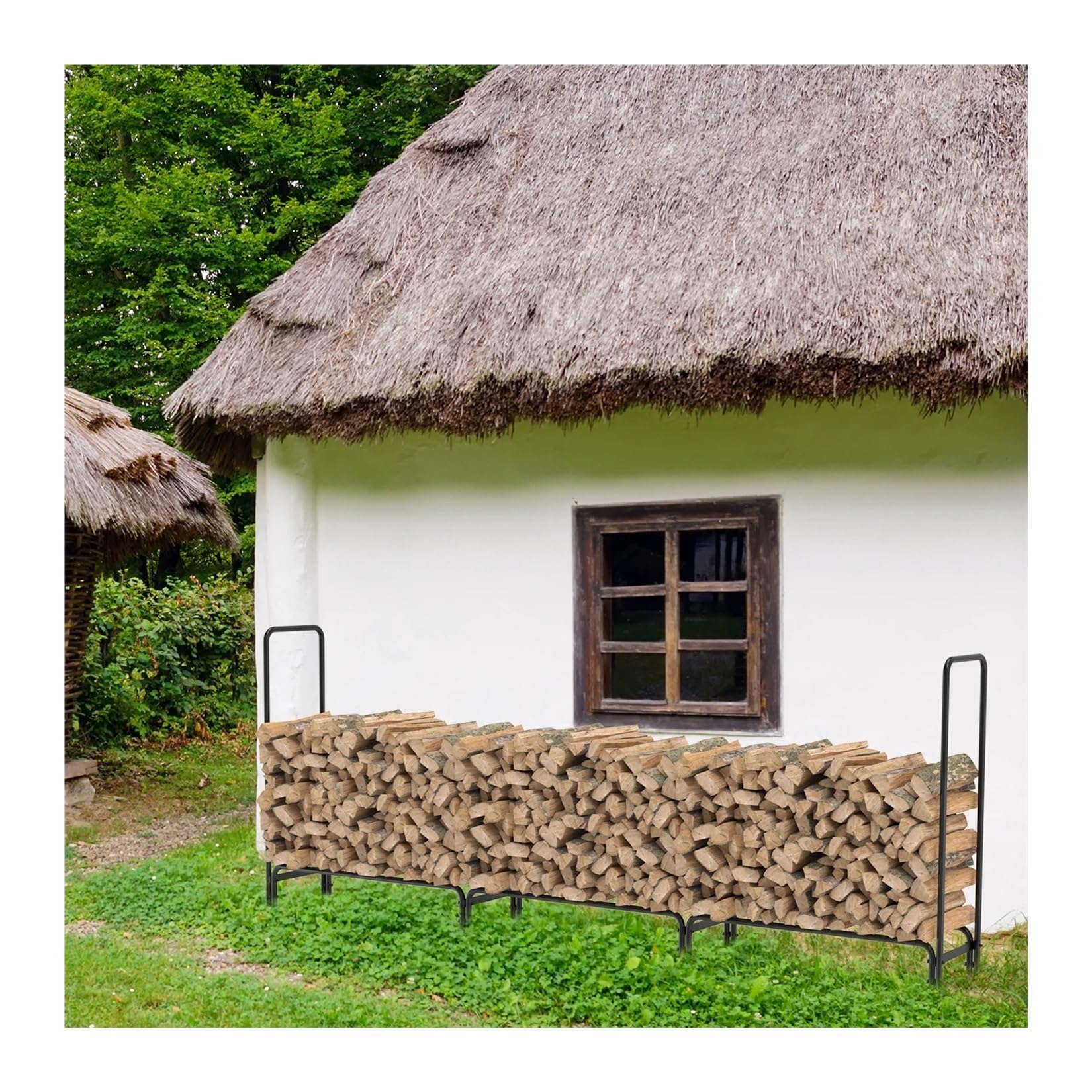 Portalegna Da Esterno Deposito di tronchi di legno in metallo resistente | Supporto for legna da ardere da giardino esterno impilabile, lungo 12 piedi