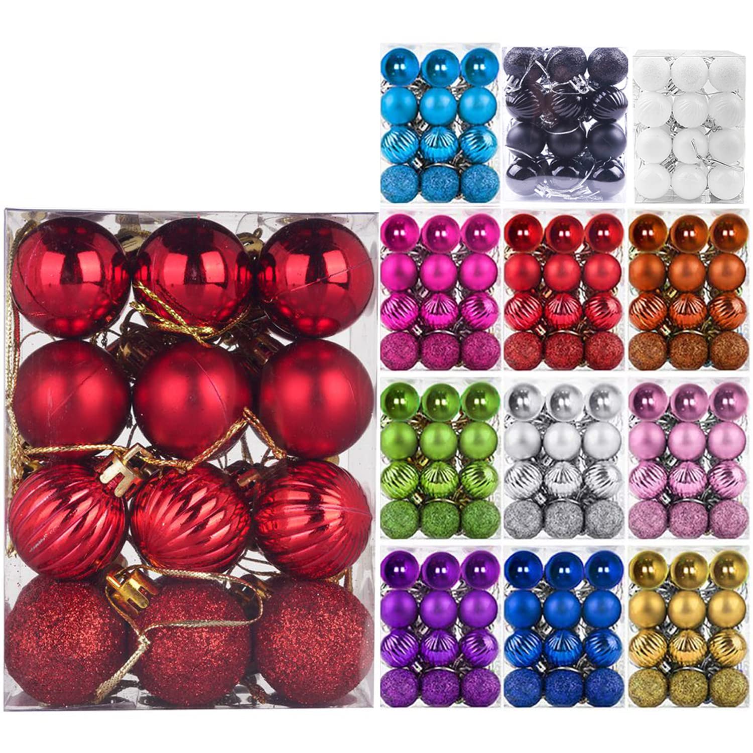 Emopeak 24Pcs Christmas Balls Ornaments for Xmas Christmas Tree - 4 Style Shatterproof Christmas Tree Decorations Hanging Ball for Holiday Wedding Party Decoration (Red, 1.3"/3.2CM)
