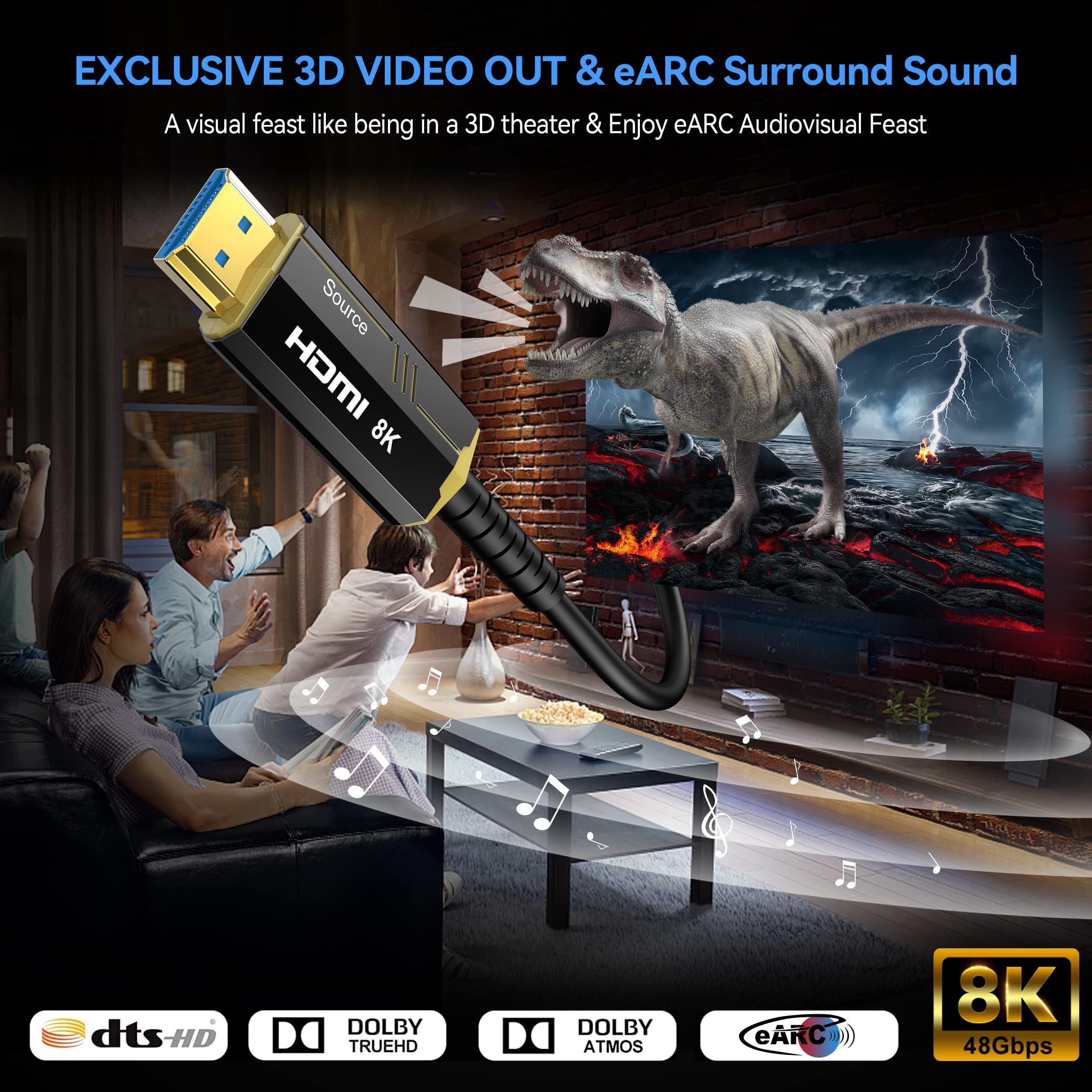 DGHUMEN Cavo HDMI Fibra Ottica 10 Metri, Cavo HDMI 2.1 8K 48Gbps Supporta 8K@60Hz 4k@120/144Hz Dynamic HDR, eARC, ARR, Dolby Atmos for PS5, PS4,PC, Proiettore, HDTV, Xbox
