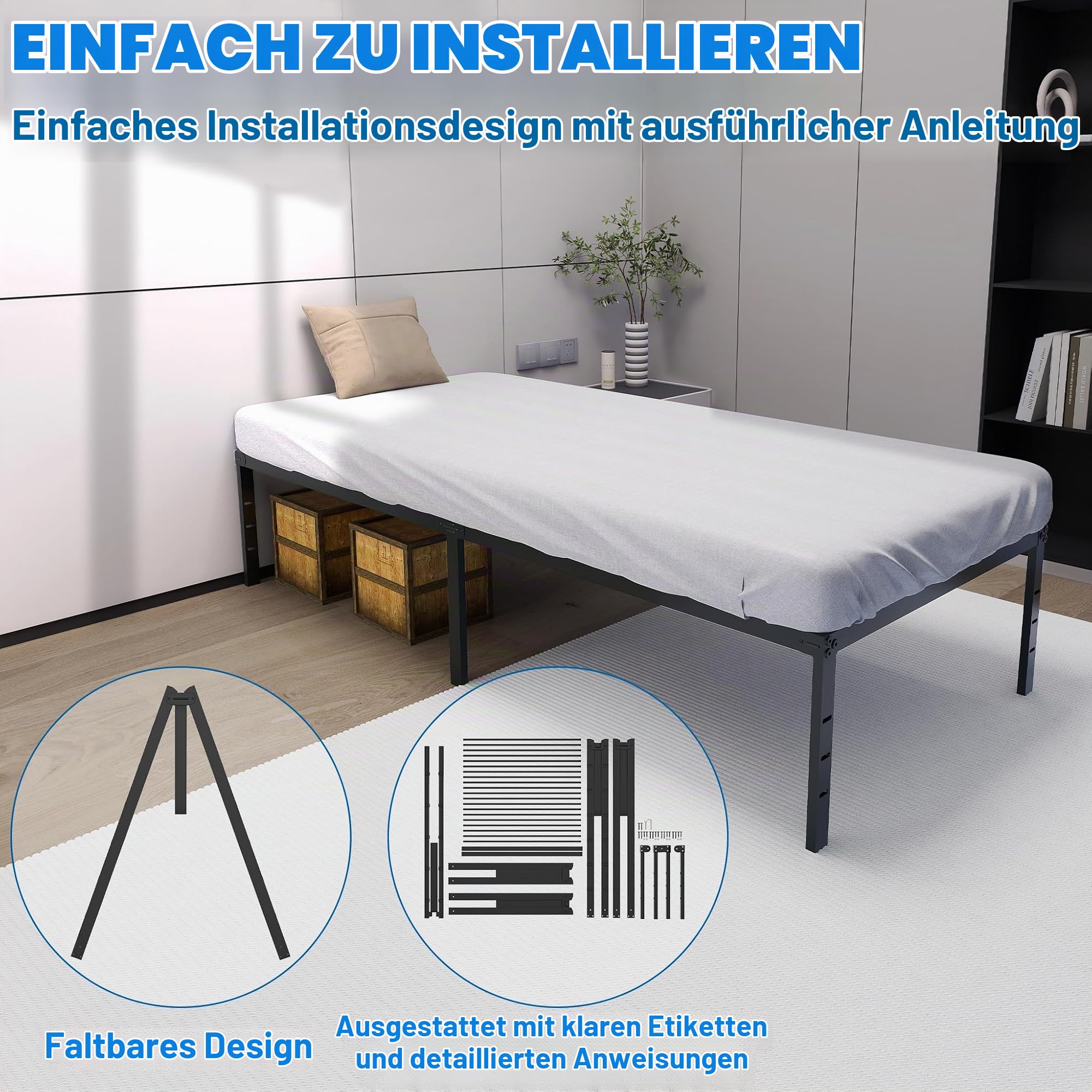 SUBTLETY Klappbare Einzelbettgestell 90x200cm Metall Bettrahmen Modern Jugendbett mit Lattenrost belast bis 160KG Unterbettaufbewahrung Gästebett Schwarz Bettgestell für Schlafzimmer/Gästezimmer/Büro