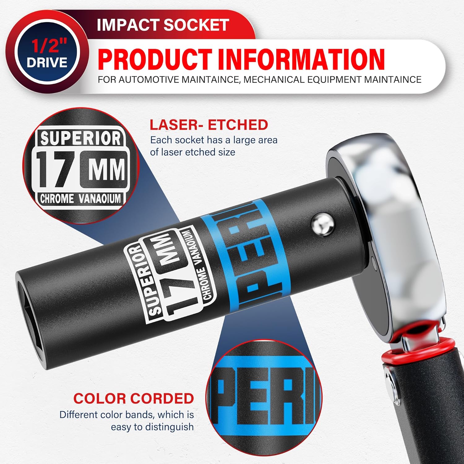 1/2" Drive Impact Socket, 17 mm Deep Socket, Metric, 6 Point, CR-V, for Automotive Maintaince, Mechanical Equipment Maintaince
