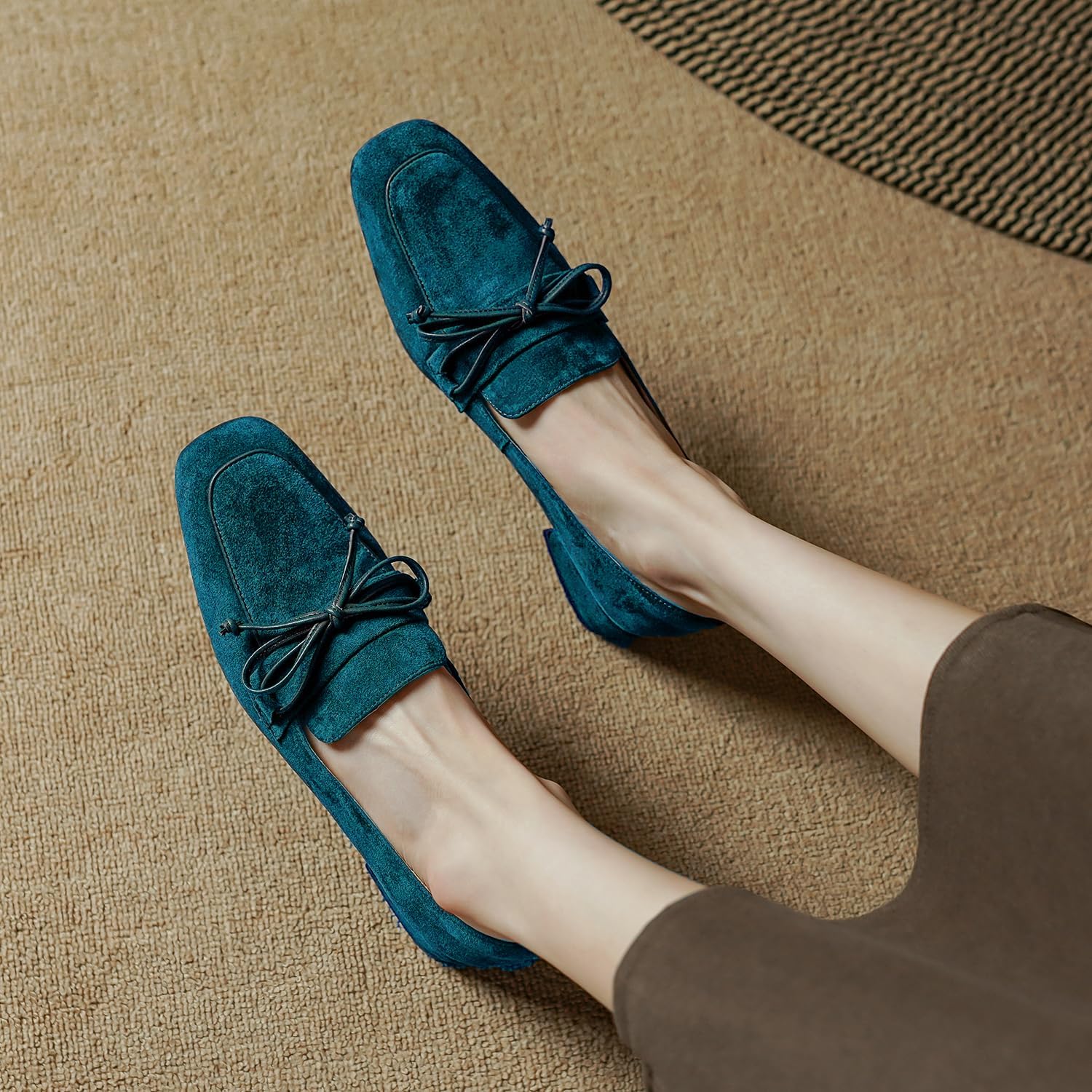 MOOMMO Women Chunky Low Heel Loafers Bow Suede Slip On Closed Square Toe Loafer Shoes Oxfords Comfy 1 Inch Block Heels Dress Shoes Pumps Office Work Pumps Vintage Retro Teal 7.5 M US - Image 3