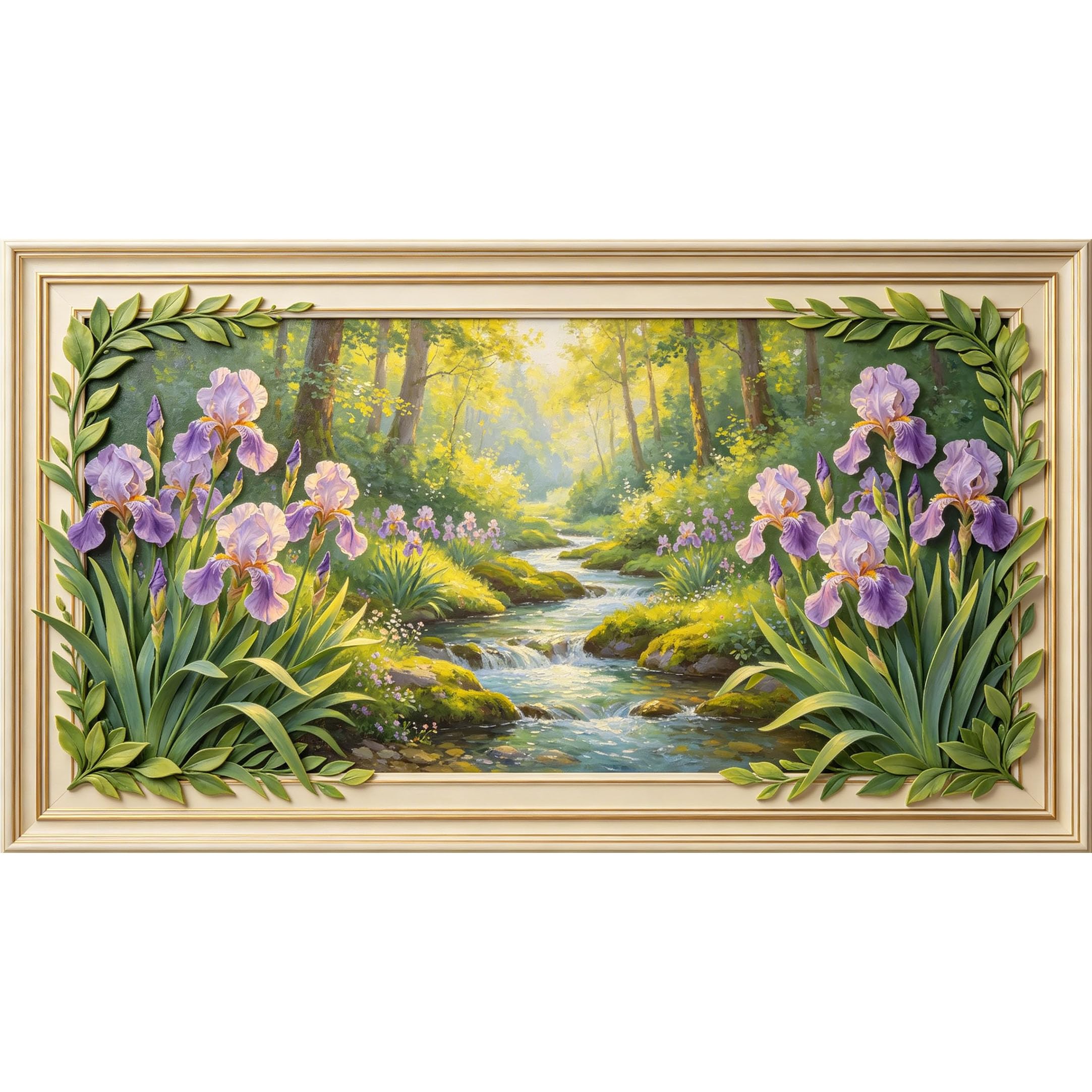 QZLITHOTIC 50x90cm3D Framed Wall Art， Botanical Forest Stream Iris Flowers Self‑Adhesive Mural， Water‑Activated Peel & Stick Fabric Decor Wall Decal for Bedroom Living Room