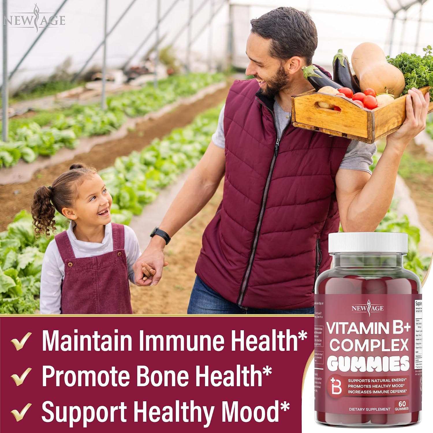 NEW AGE Vitamin B Complex Gummies with Vitamin B3, B5, B6, B7, B9 & B12 – with Biotin, Folic Acid & Vitamin C – Gluten-Free, Vegan, Made in The USA! (120 Count (Pack of 2))