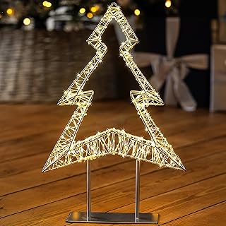 CHRISTOW Light Up Christmas Tree Decoration, 600 Warm White Micro LEDs, Mains Powered with Timer, Silver Metal Frame & Stand, Indoor Display, Mantelpiece Windowsill Shelf Table, 45cm x 31cm x 8cm
