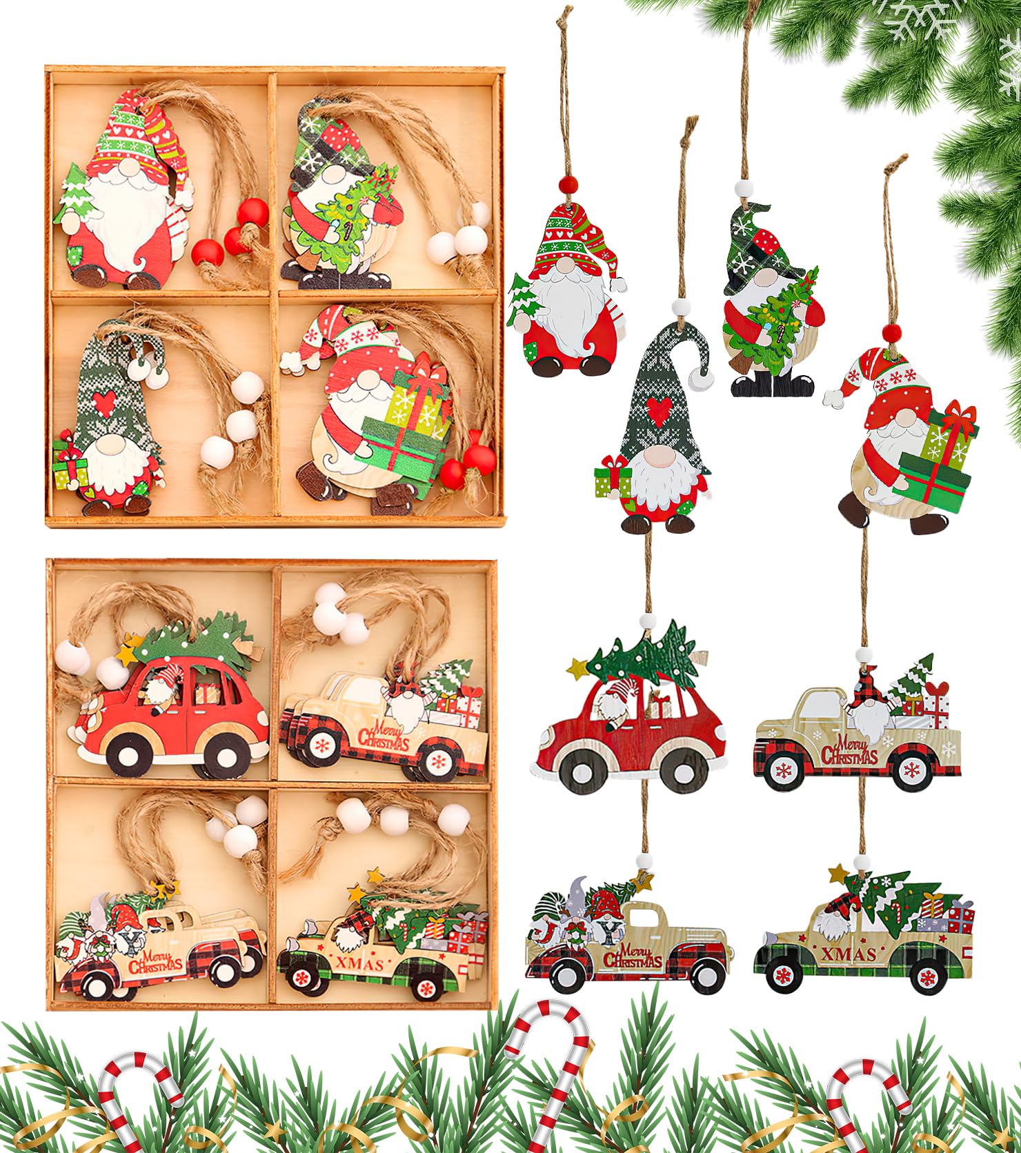 24 Piezas Colgantes de Madera, Adornos de Enano de Navidad, Colgantes de Navidad, Decoraciones de Árbol de Navidad de Bricolaje con Muñeco de Gnomo, Colgantes Decorativos de Papá Noel para Navidad