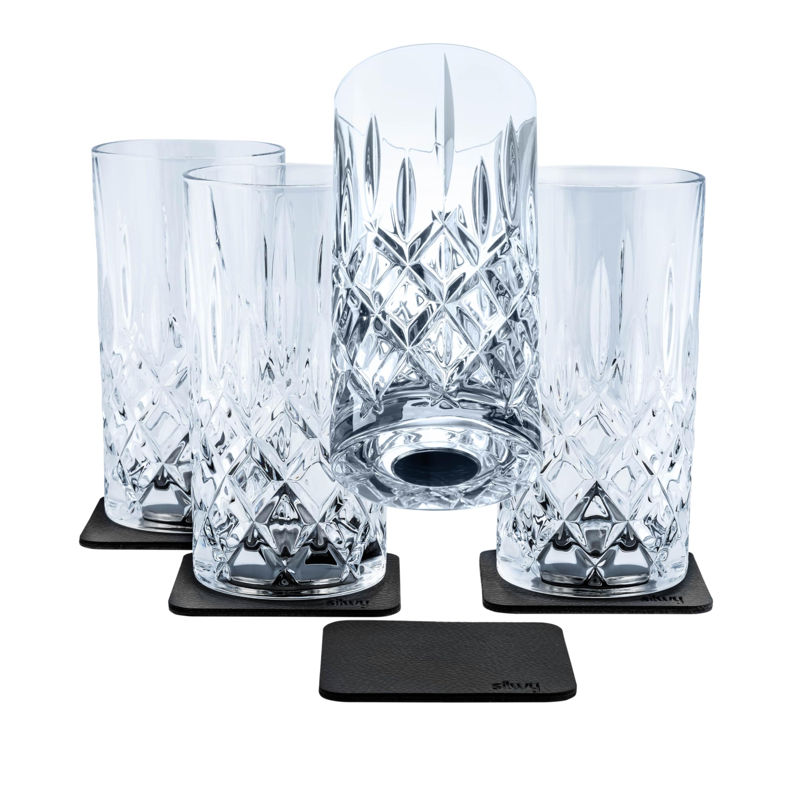 silwy® Longdrink Magnetic Crystal Glasses Set of 4 Including Four Reusable Metal Nano Gel Pads - Non-Slip Magnetic Glasses for Camping, Caravanning and Boating