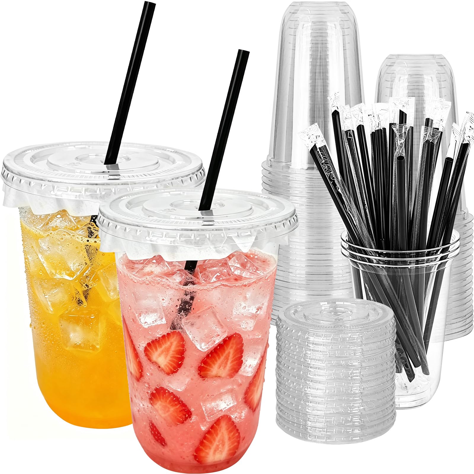 View 1 of 16 oz Clear Plastic Cups with Lids,Leak-proof Paper and Straws,25 Sets
