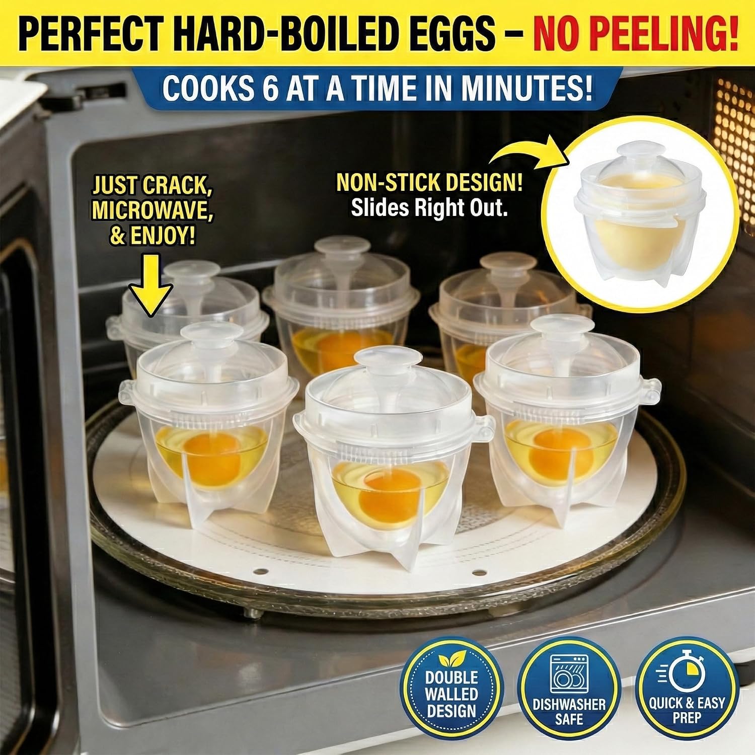 Microwave Egg Cooker (2 Pack), Rapid Hard Boiled Egg Maker & Poacher for Breakfast Sandwiches, BPA-Free Double Boiler Cups with Yolk Piercer, Non-Stick No Shell Peeling, Portable for Dorm & Office, Transparent