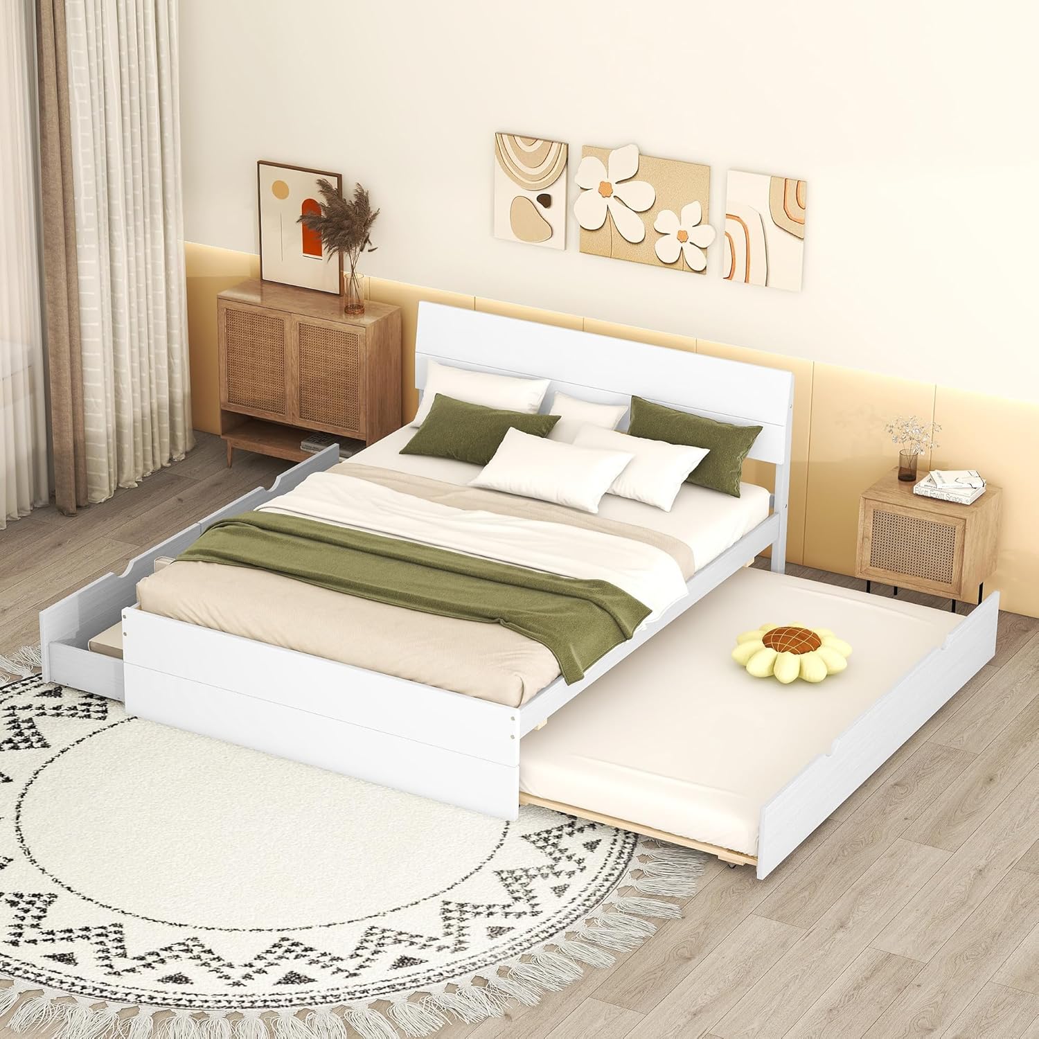 Full Size Modern Bed Frame with Twin Size Trundle and 2 Drawers,Wooden Platform Bed W/High Gloss Craft Headboard and Footboard,Easy Assembly,for Bedroom,Apartment,White