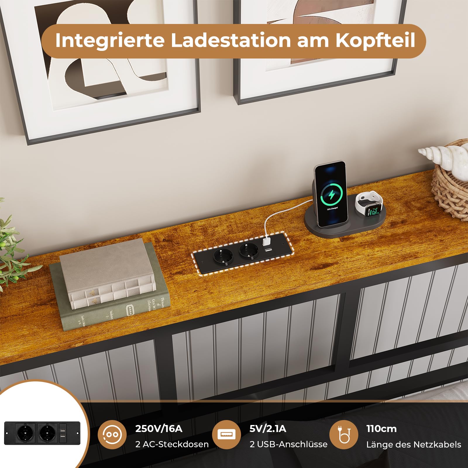 Brinlawb Bett 140x200 mit Lattenrost aus Metall, Bettgestell 140x200 mit LED Beleuchtung, Ladestation (2 AC-Steckdosen,2 USB-Anschlüsse) Metallbett Doppelbett mit Kopfteil und Stauraum