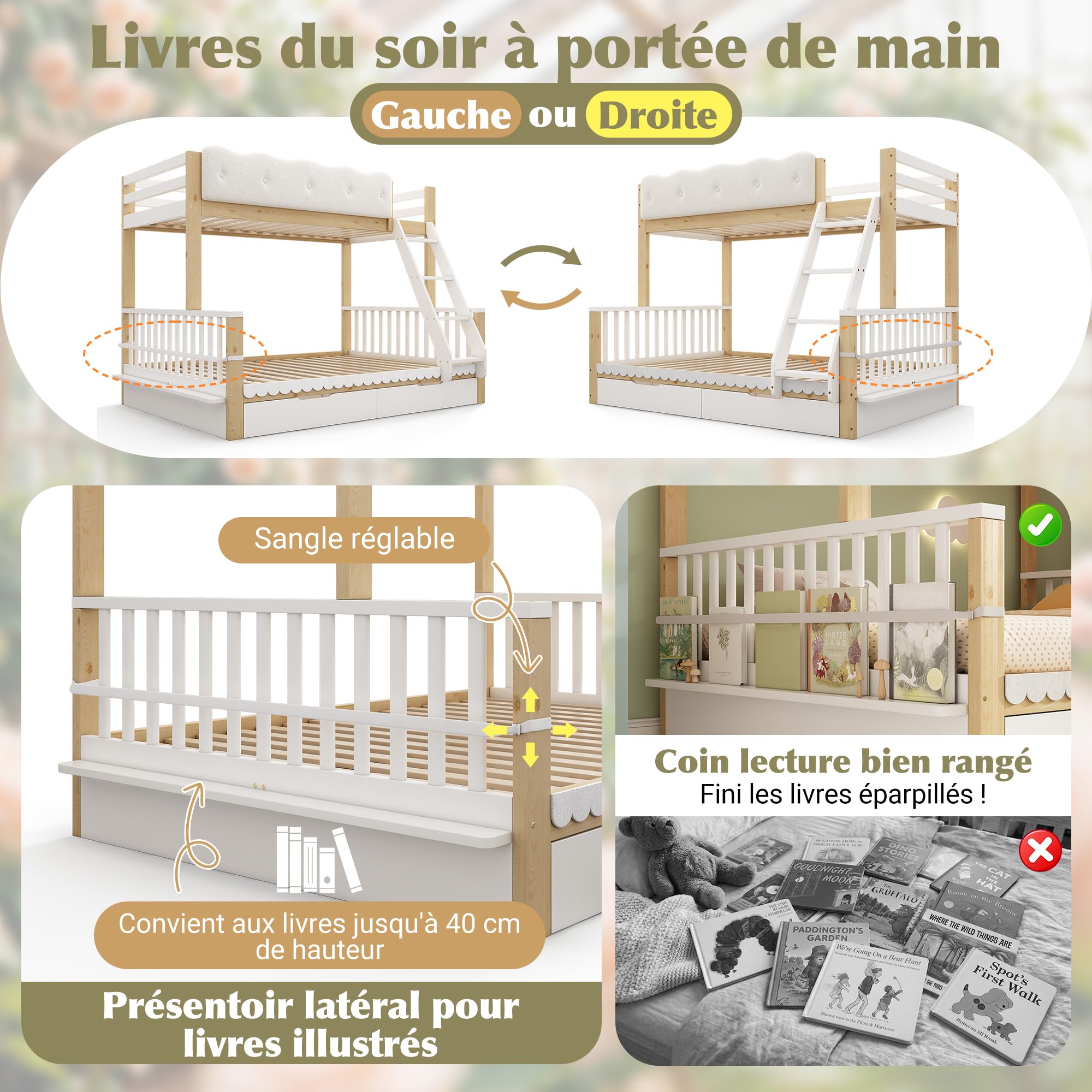 Zepneiy Lit Superposé 90x200 et 140x200 avec Balustrade nuageuse et tiroirs,Lit Enfant avec Porte-revues, pour Enfants et Adultes,Blanc et Chêne (sans Matelas)