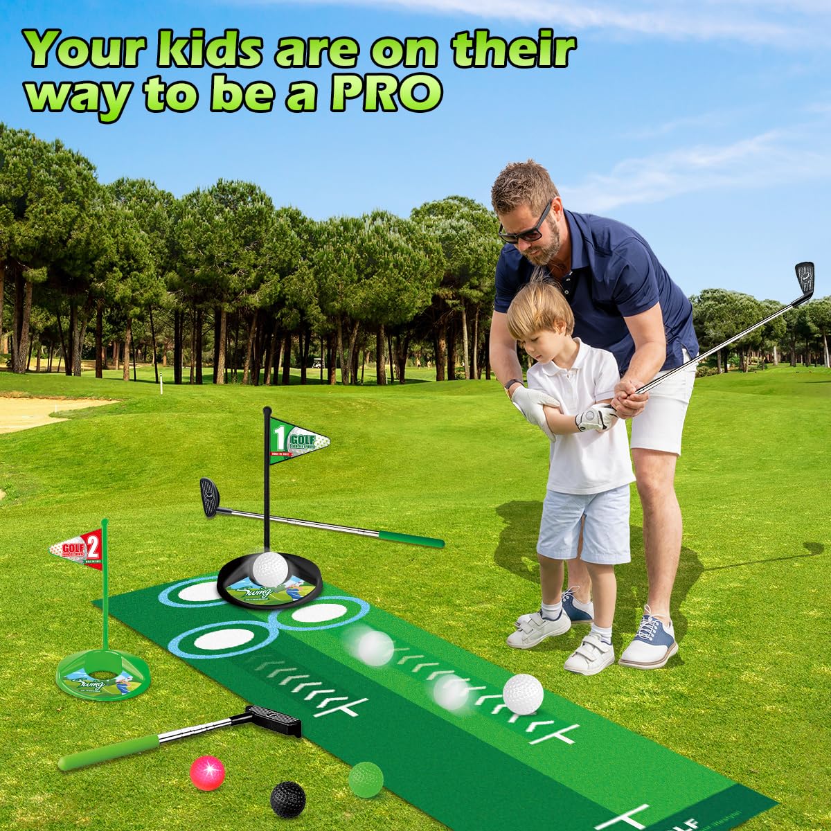 TERRAMUS Verbessertes Minigolf Set Spielzeug für Kinder, 14PCS Indoor Outdoor Golfkoffer Spiel Set mit 2 bunten Golfschläger, 6 Bälle, Putting Matte Spielzeug für Jungen